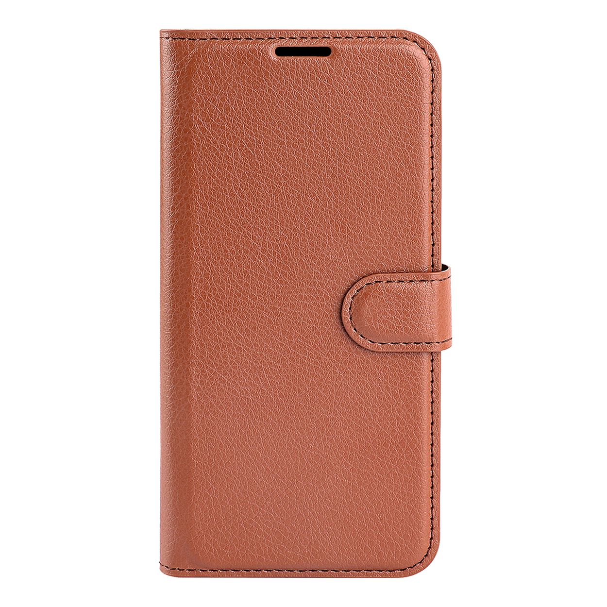 Gros plan sur un étui de téléphone en cuir marron avec fermoir magnétique.