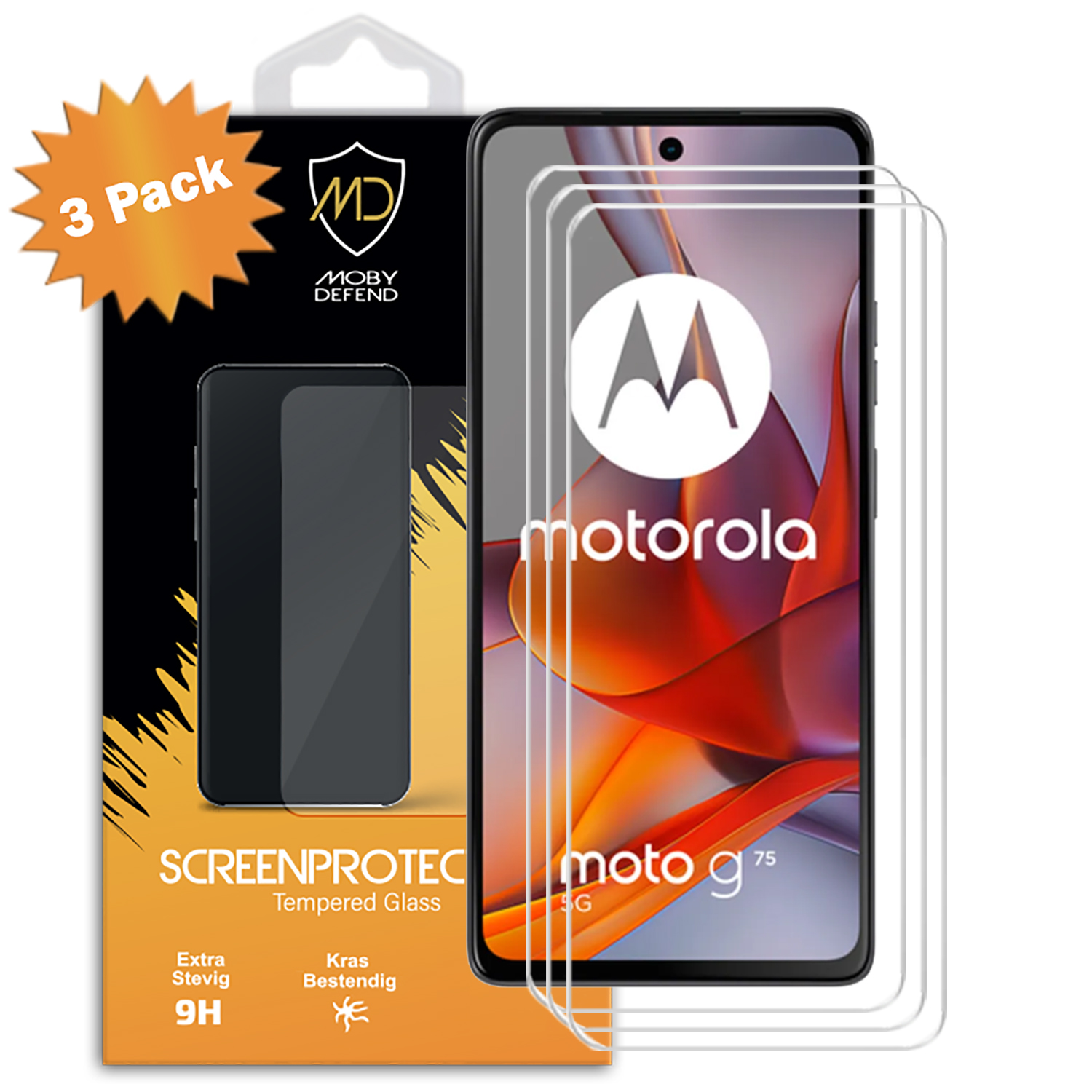 Telefoonschermbeschermers in een verpakking. '3-pack' linksboven. Motorola logo op scherm.