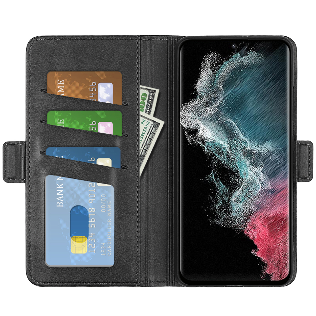 Zwarte telefoonhoes met kaarten en contant geld. Het telefoonscherm toont een kleurrijk abstract ontwerp.