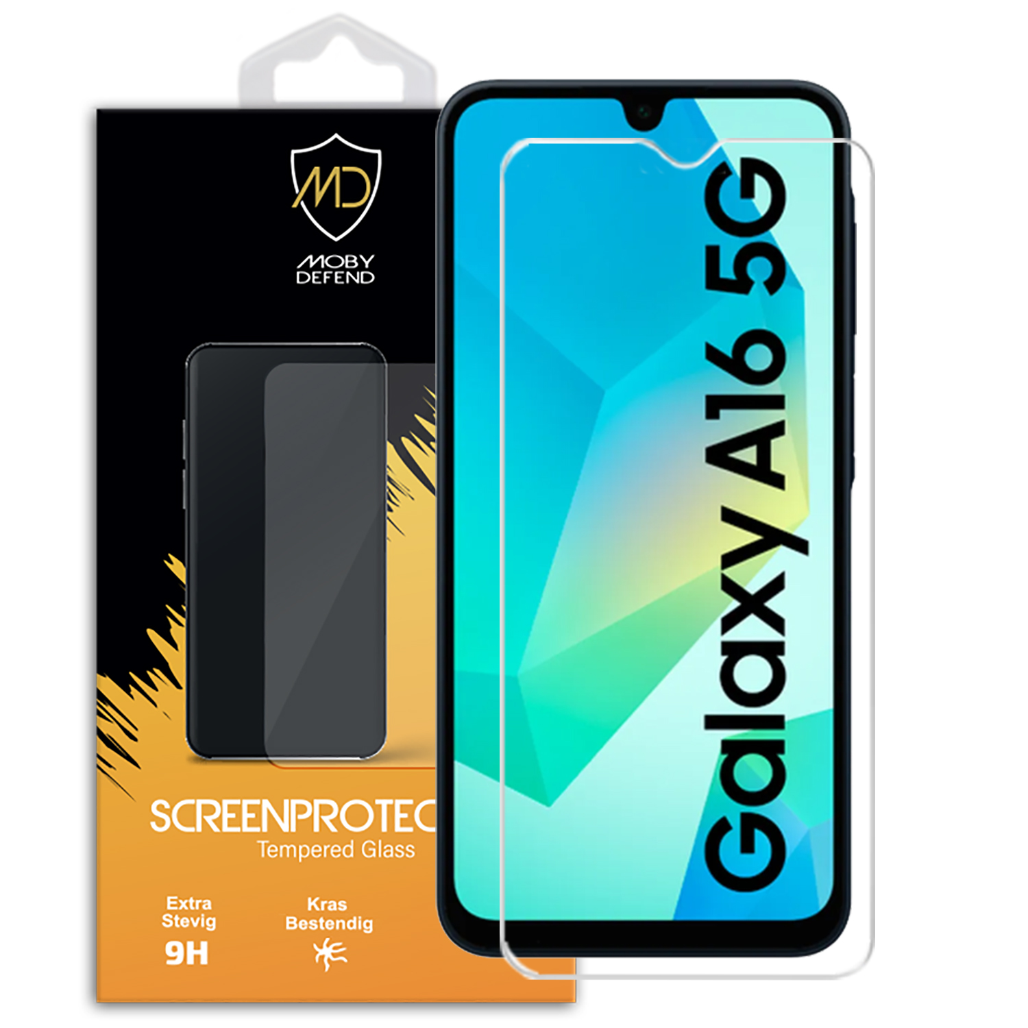 Protecteur d'écran pour Galaxy A16 5G. Écran visible. Logo Moby Defend sur l'emballage.