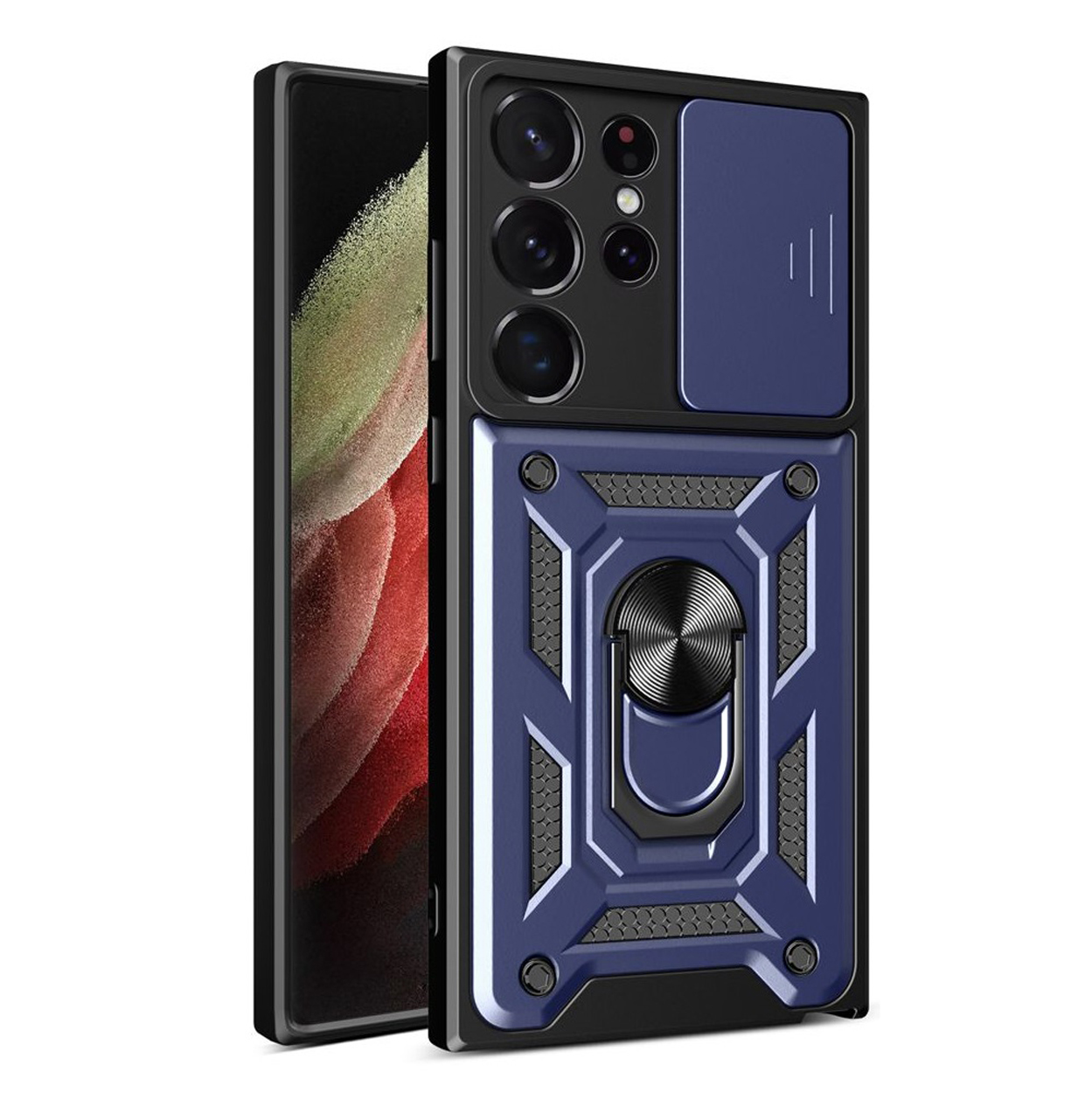 Un étui de téléphone bleu avec protecteur de caméra et support d'anneau, le téléphone est dans un étui.