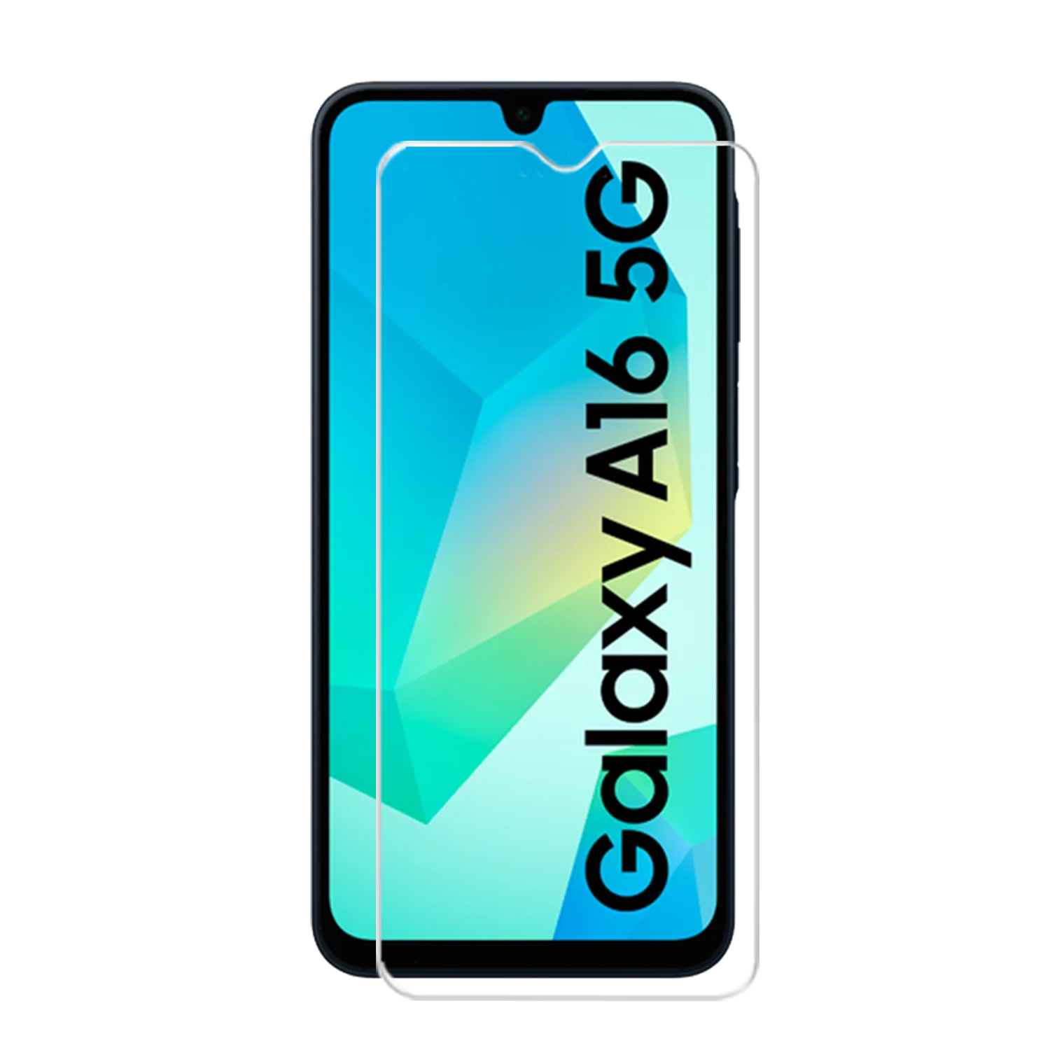 Smartphone avec protecteur d'écran. Le téléphone affiche 'Galaxy A16 5G'.