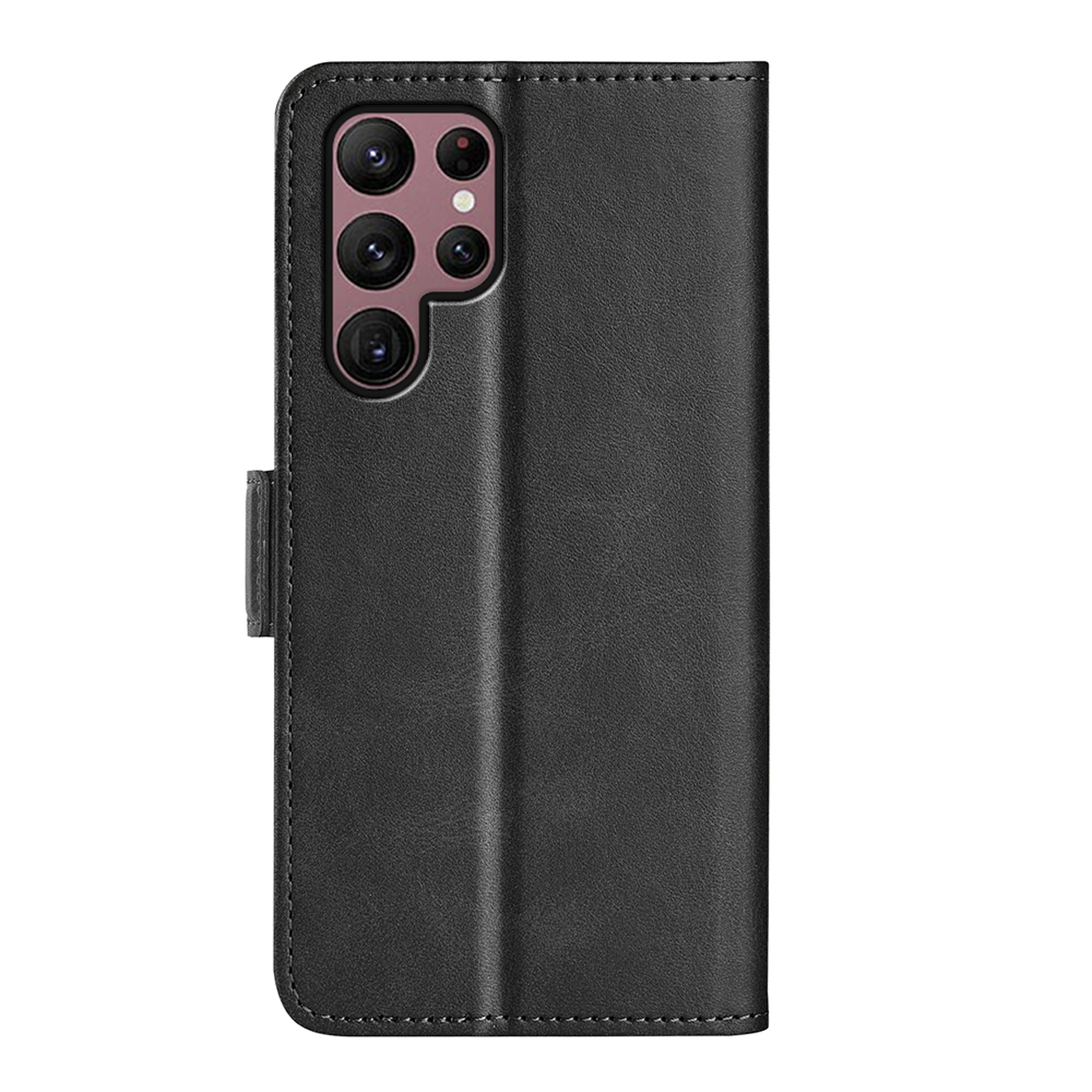 Zwarte telefoonhoes met camera-uitsparingen. Gesloten, met knoopsluiting.
