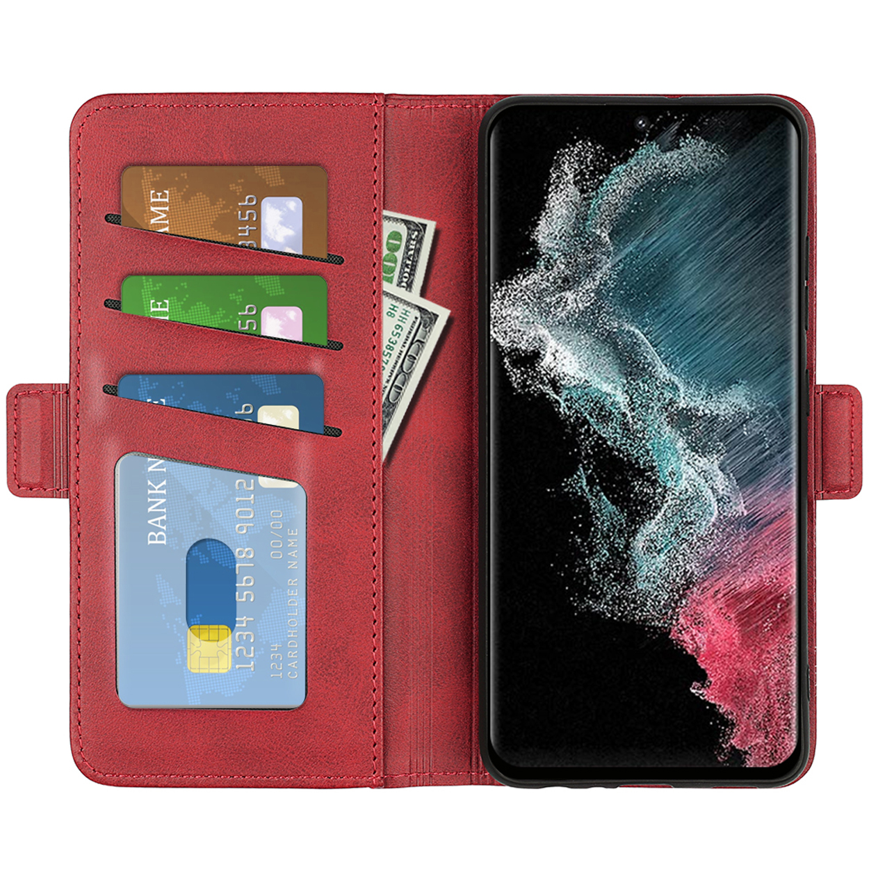 Een rode telefoonhoes open met een telefoon, kaarten en geld erin.