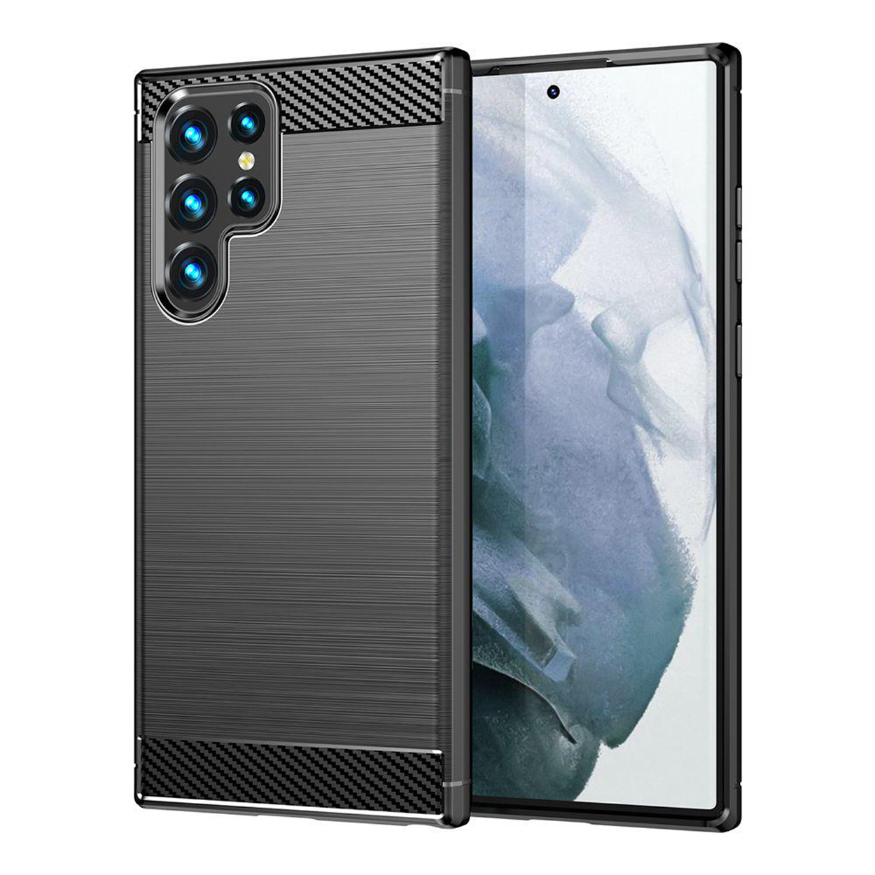 Une coque de téléphone grise avec un design en fibre de carbone et un téléphone à l'intérieur.