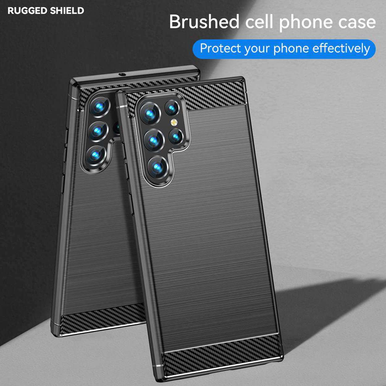 Deux coques de téléphone noires avec un motif en fibre de carbone. Texte en haut à gauche : 'Rugged Shield'.