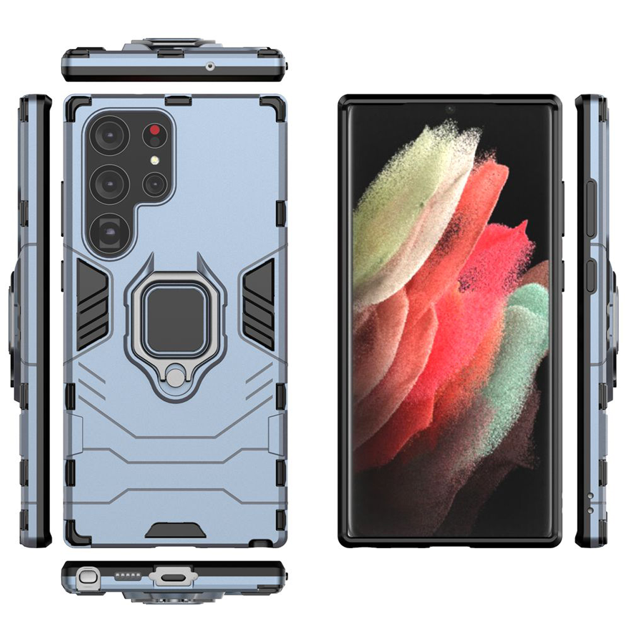 Blauwe telefoonhoes met de telefoon erin. De hoes heeft een ringhouder en camerabescherming.