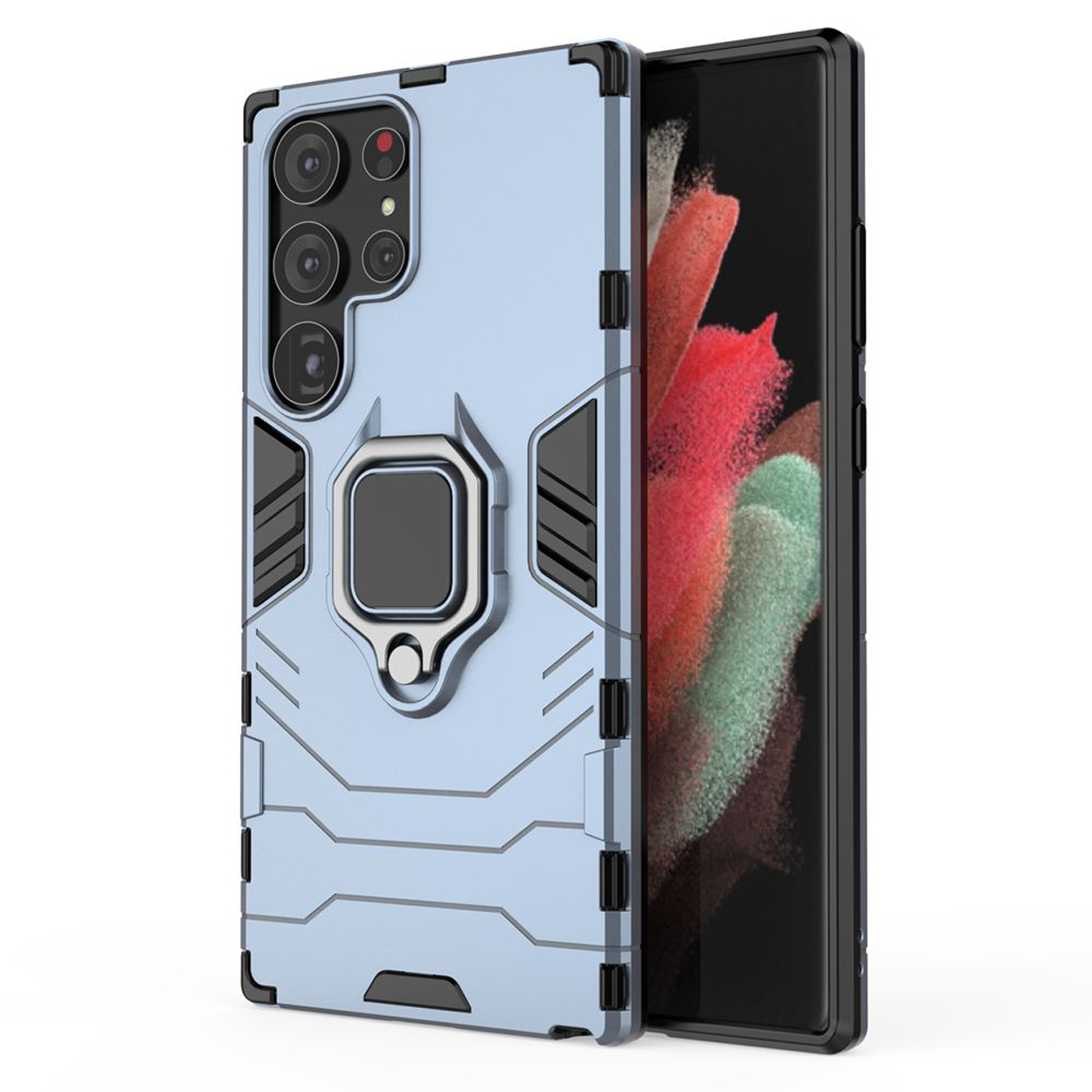 Een lichtblauwe telefoonhoes met een zilveren ringstandaard en een telefoon.