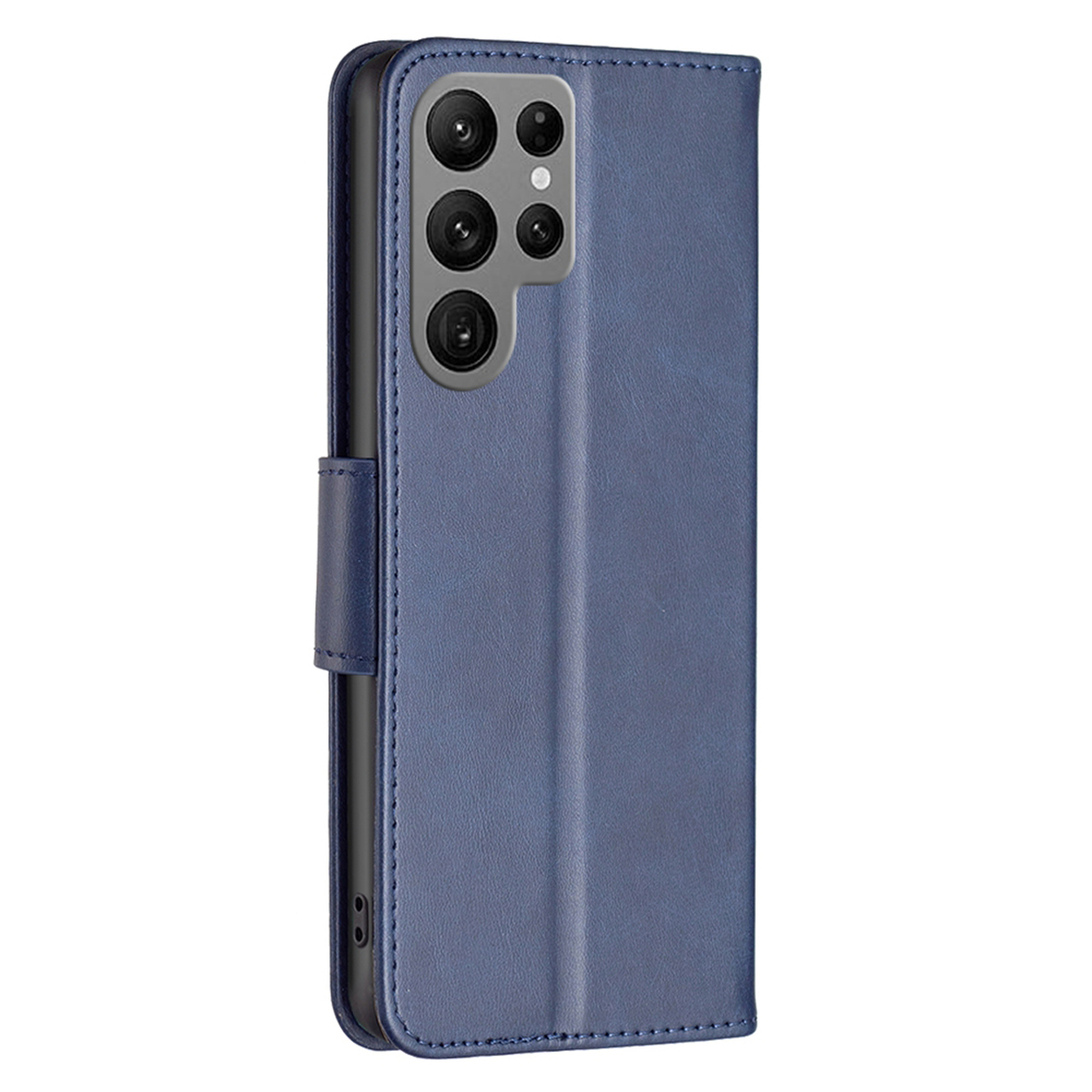 Blauwe telefoonhoes. Open, toont telefoon met camera's. Binnenkant blauw. Sluiting zichtbaar.