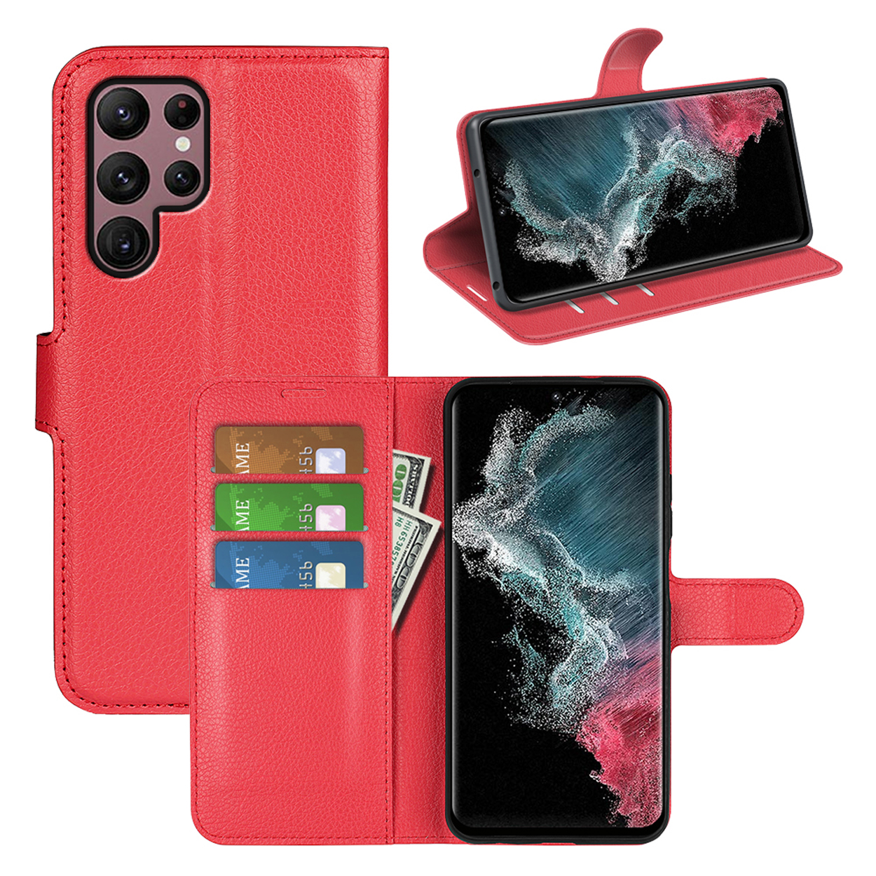 Un étui de téléphone rouge, avec des fentes pour cartes et un support pour téléphone, et une vue du téléphone dans l'étui.