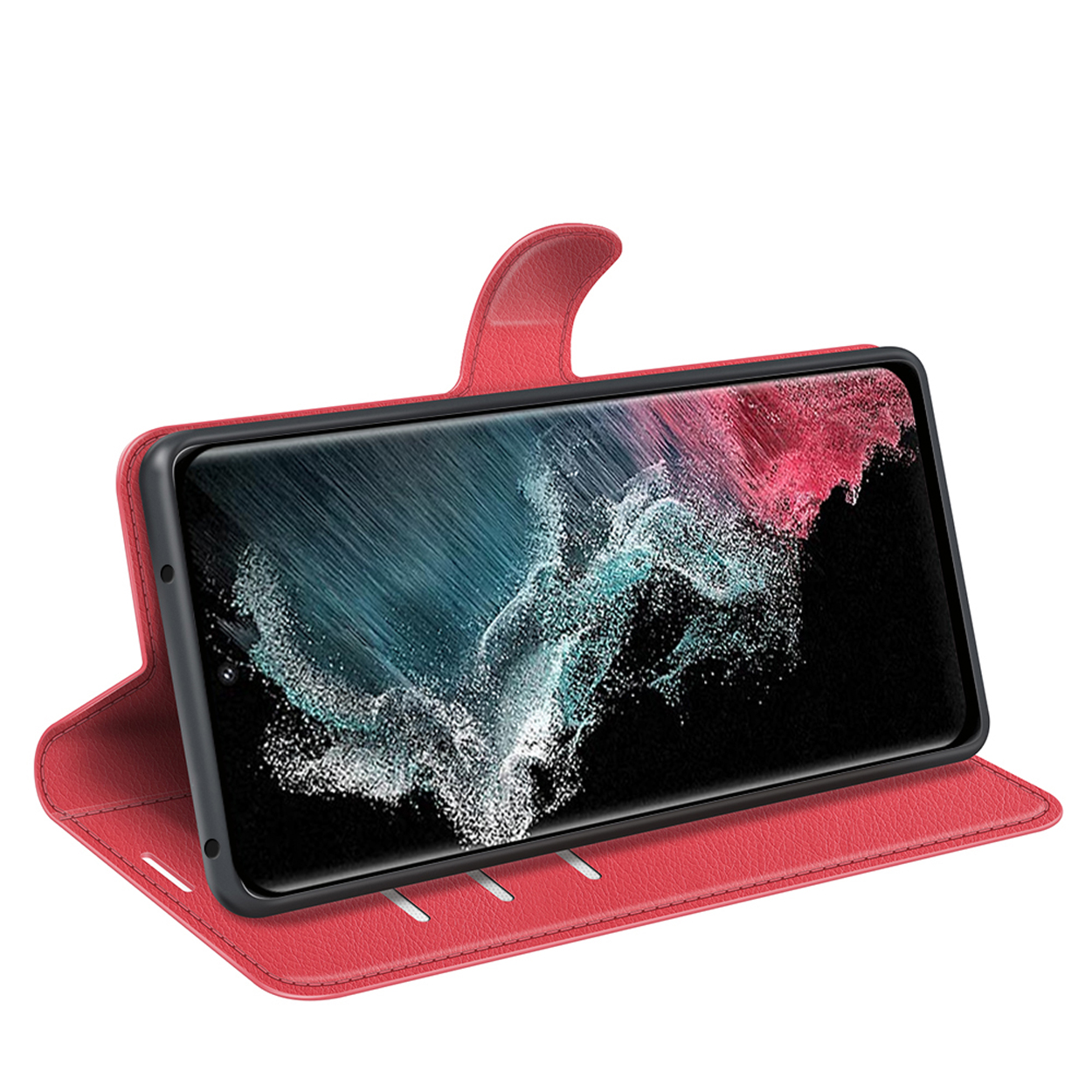 Étui de téléphone en cuir rouge, ouvert, avec un téléphone à l'intérieur. L'écran du téléphone est visible.