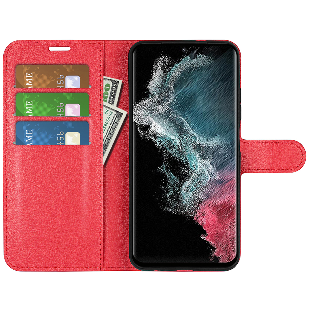 Un étui de téléphone rouge ouvert avec un téléphone, des cartes et de l'argent à l'intérieur.
