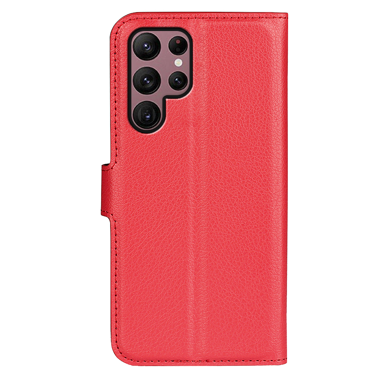 Un étui de téléphone rouge avec un téléphone à l'intérieur. Le téléphone possède plusieurs caméras.