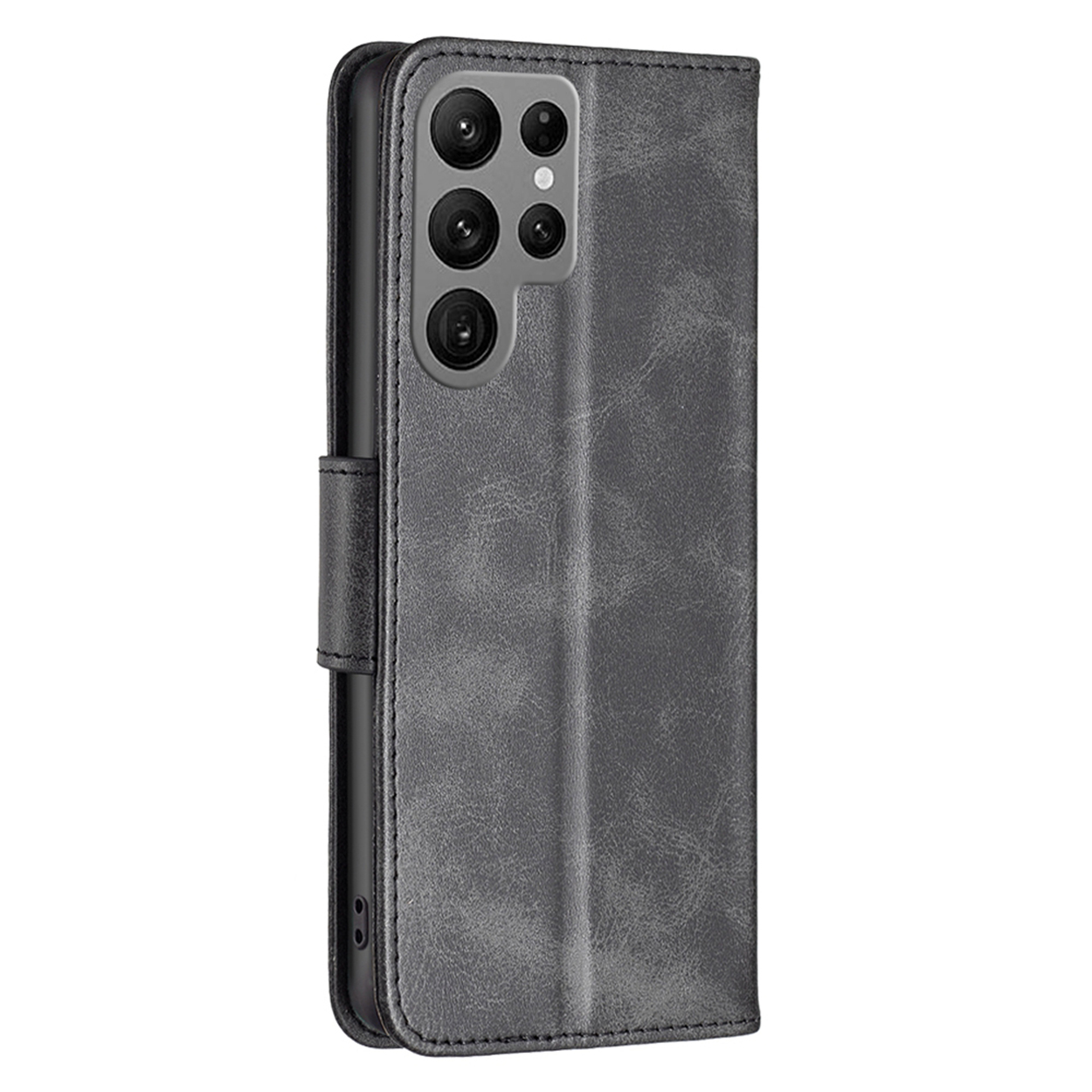 Een grijze telefoonhoes met een gesloten magnetische sluiting, met de achterkant met camera's.