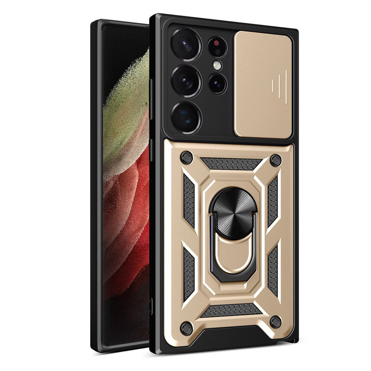 Un étui de téléphone doré et noir avec un cache caméra et un téléphone.