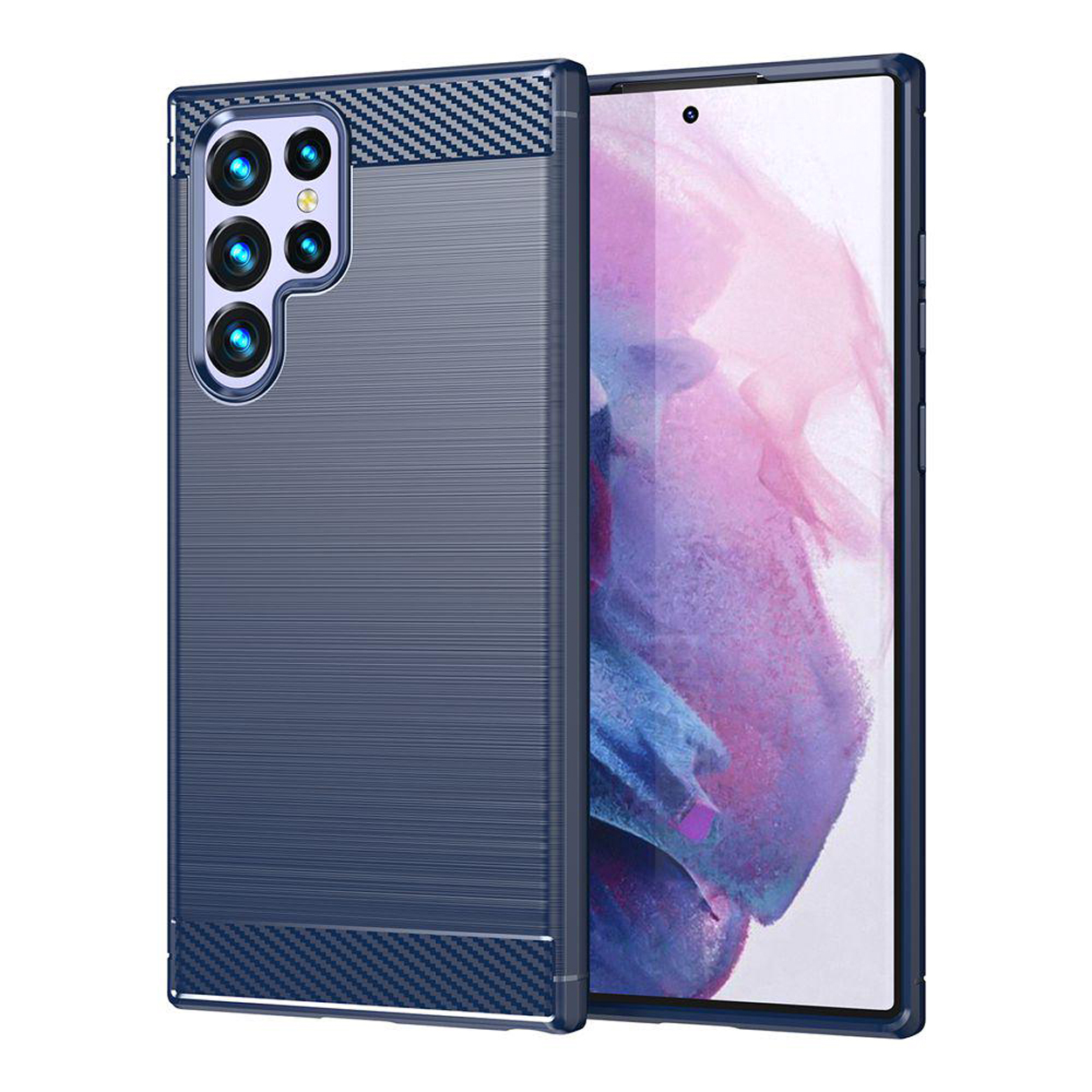 Coque de téléphone bleue avec une texture en fibre de carbone. Le téléphone à l'intérieur a un design coloré.