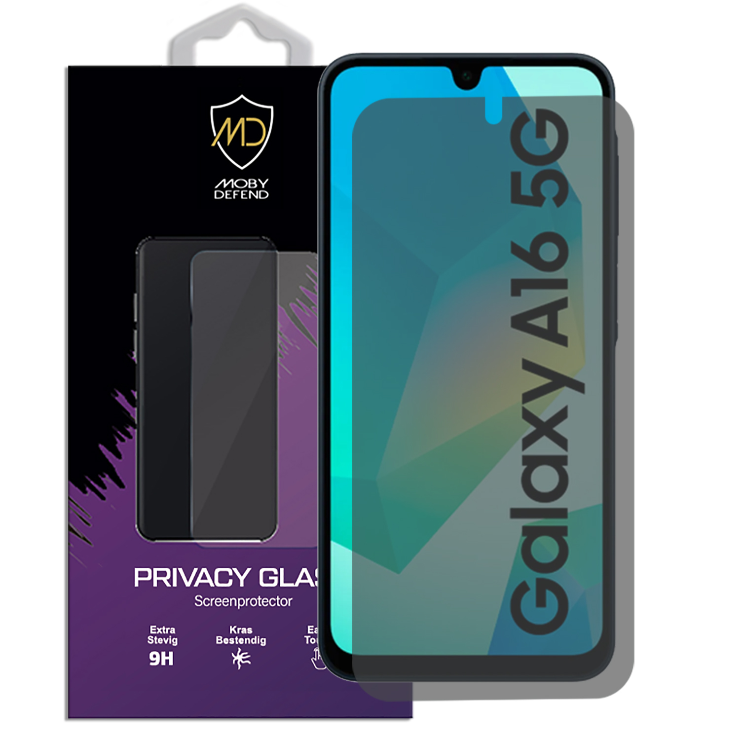 Protecteur d'écran pour Galaxy A16 5G. Verre de confidentialité. Texte sur la protection.