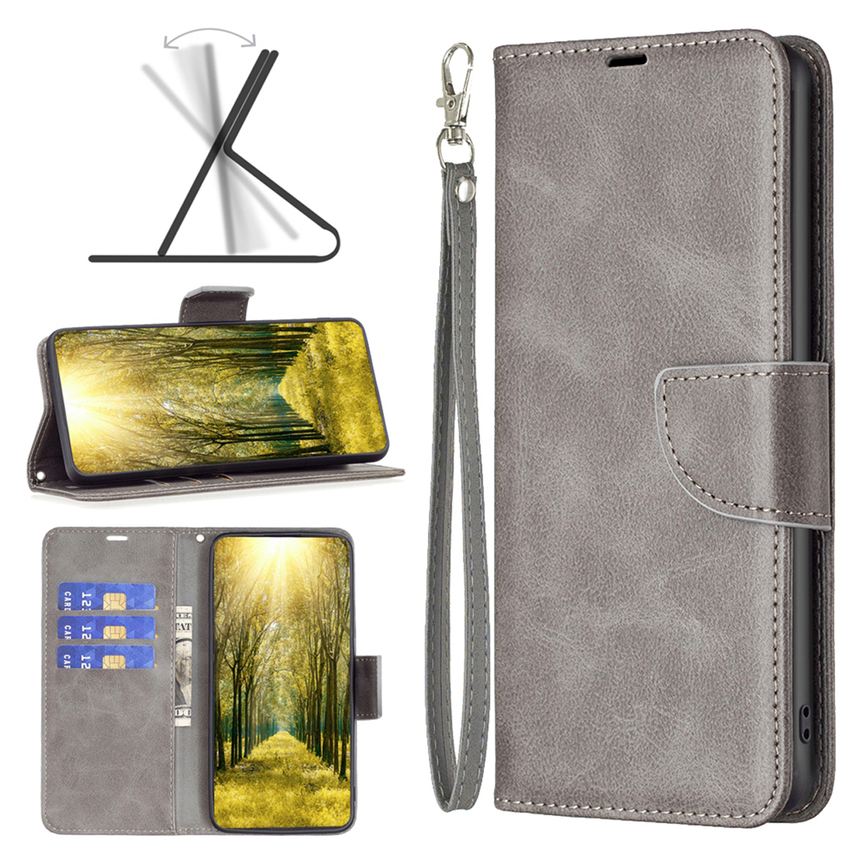 Grijze leren telefoonhoes met een telefoon erin. Het heeft een bandje en kaartsleuven. Een telefoon is omhooggezet.