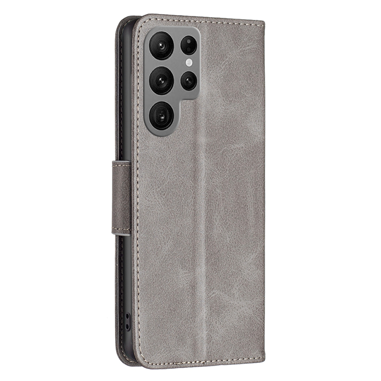 Grijze leren telefoonhoes, gesloten, met een telefoon zichtbaar binnenin.