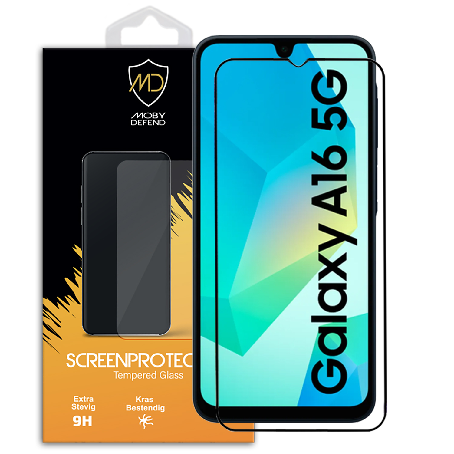Een telefoon en een screenprotector. De telefoon zit in een doos met tekst.