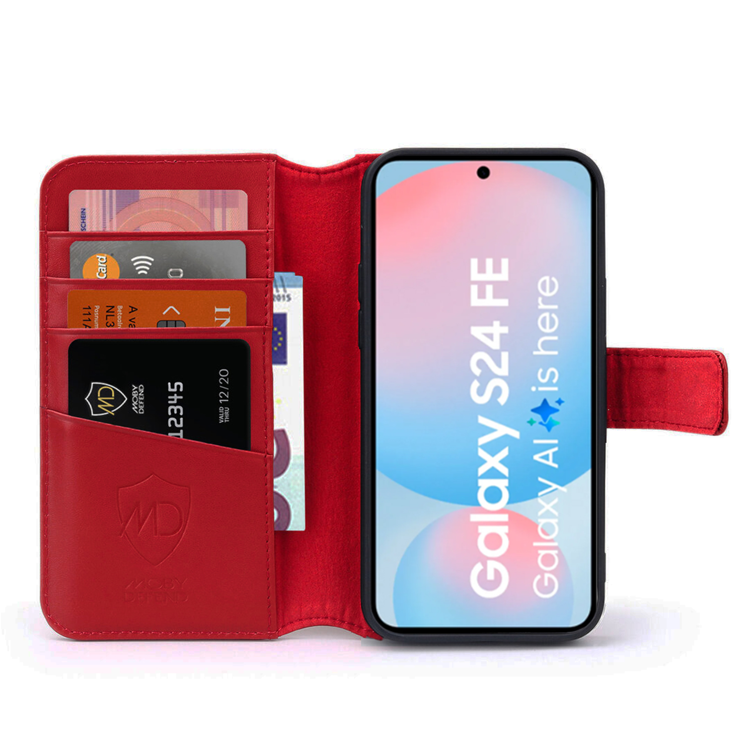 Rode telefoonhoes met kaarten en contant geld. Een telefoon toont: Galaxy S24 FE, Galaxy AI is here.
