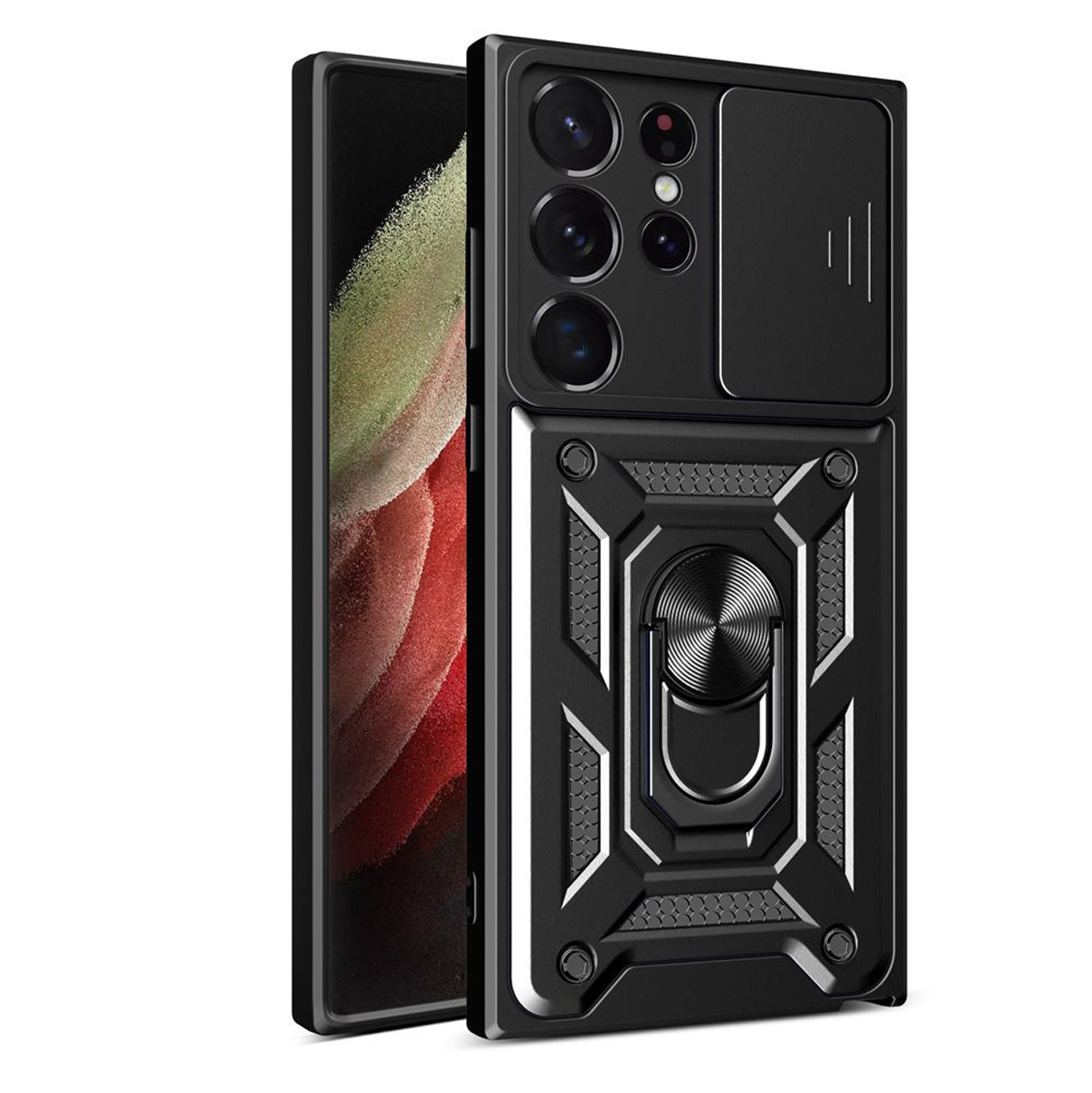 Coque de téléphone noire avec cache caméra et support de bague. Sur une surface sombre.