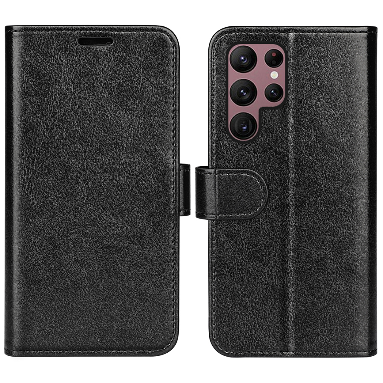Étui de téléphone en cuir noir, ouvert et fermé. Téléphone avec caméras visibles à droite.