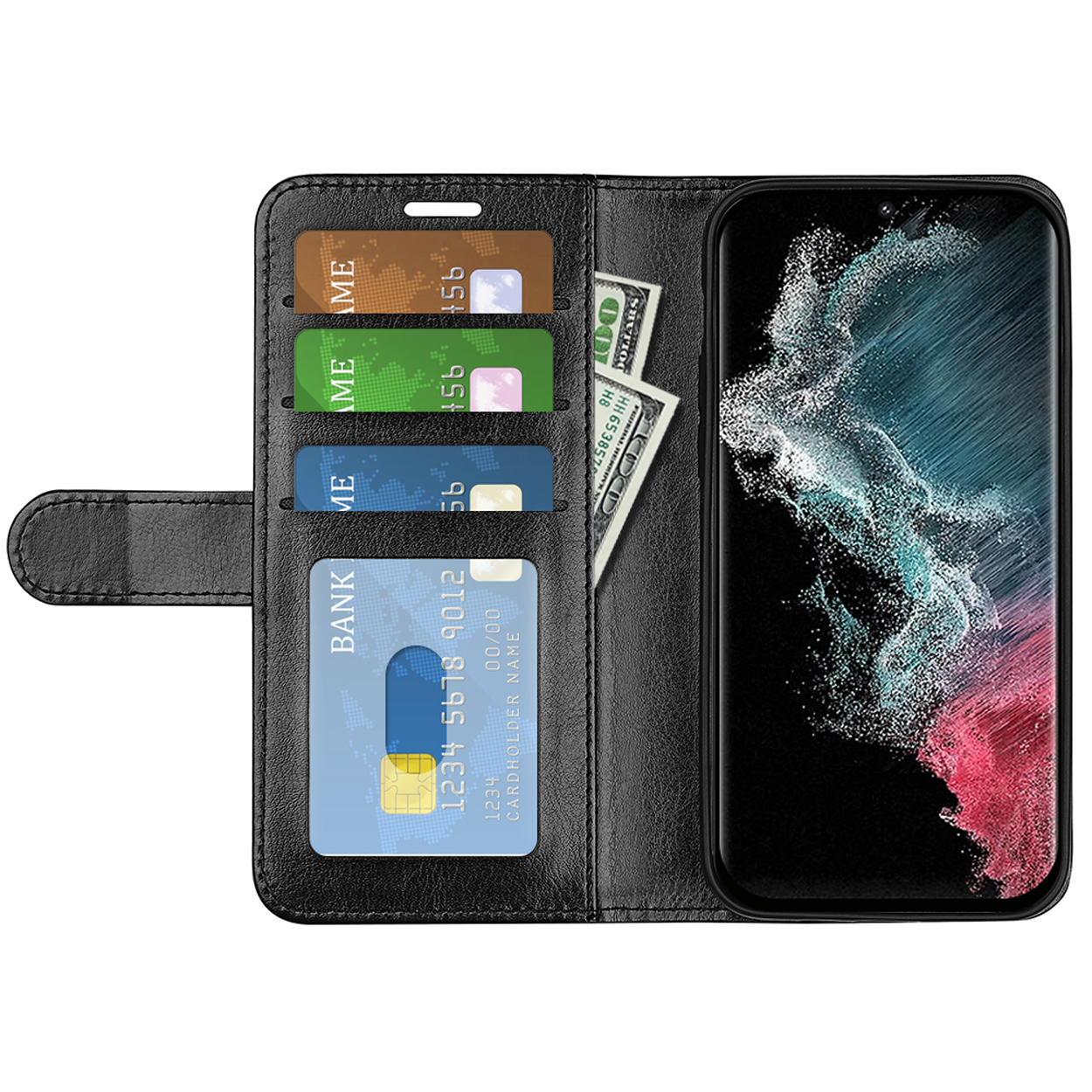 Étui de téléphone ouvert, montrant des cartes, de l'argent et un écran de téléphone affichant une image.