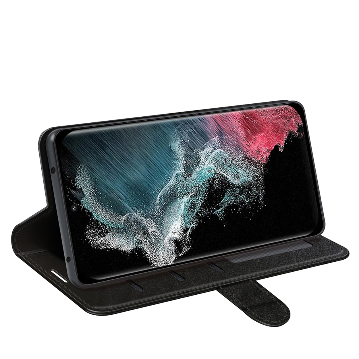 Un étui de téléphone transparent, avec un téléphone à l'intérieur, présenté sur une table.