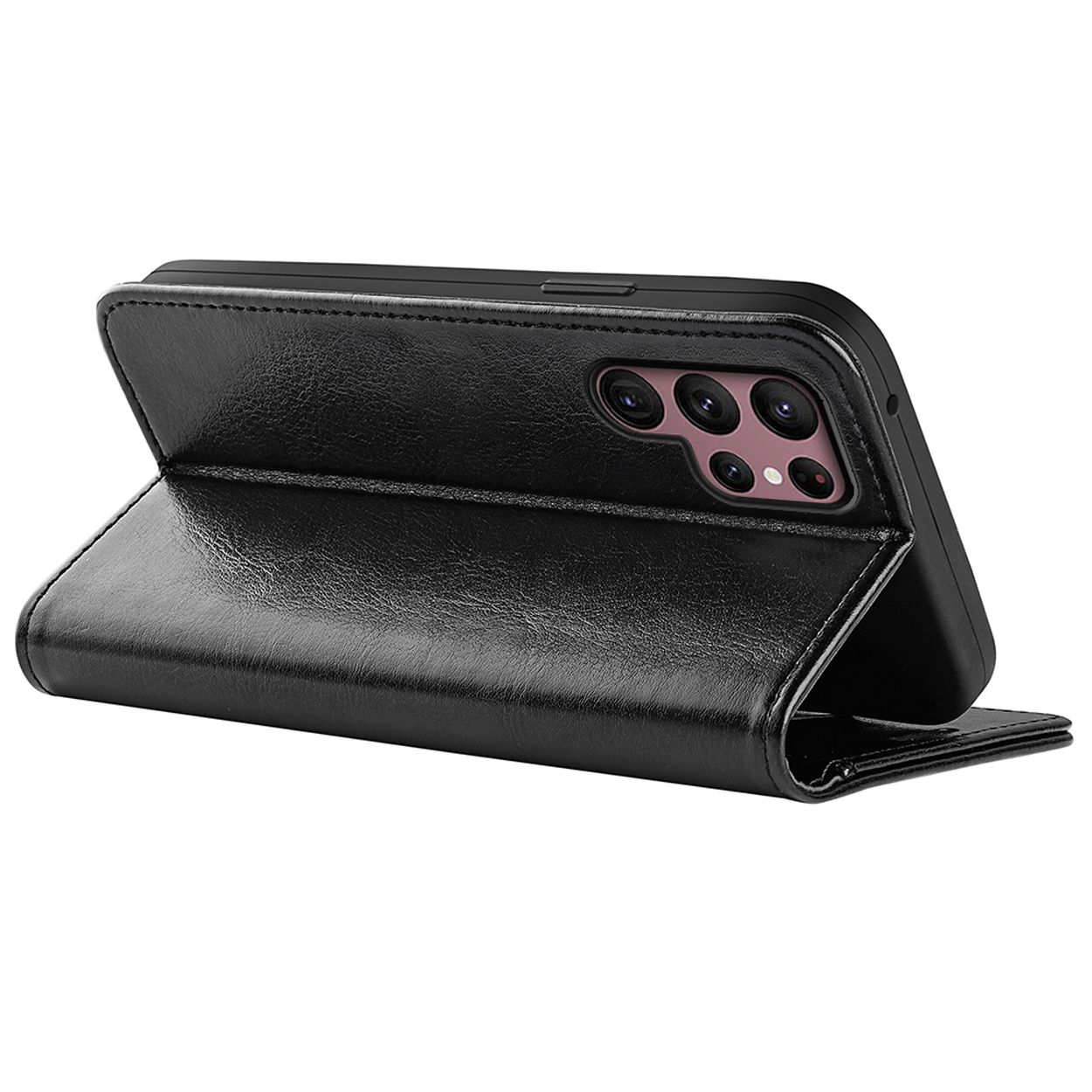Étui de téléphone en cuir noir ouvert, avec téléphone à l'intérieur.