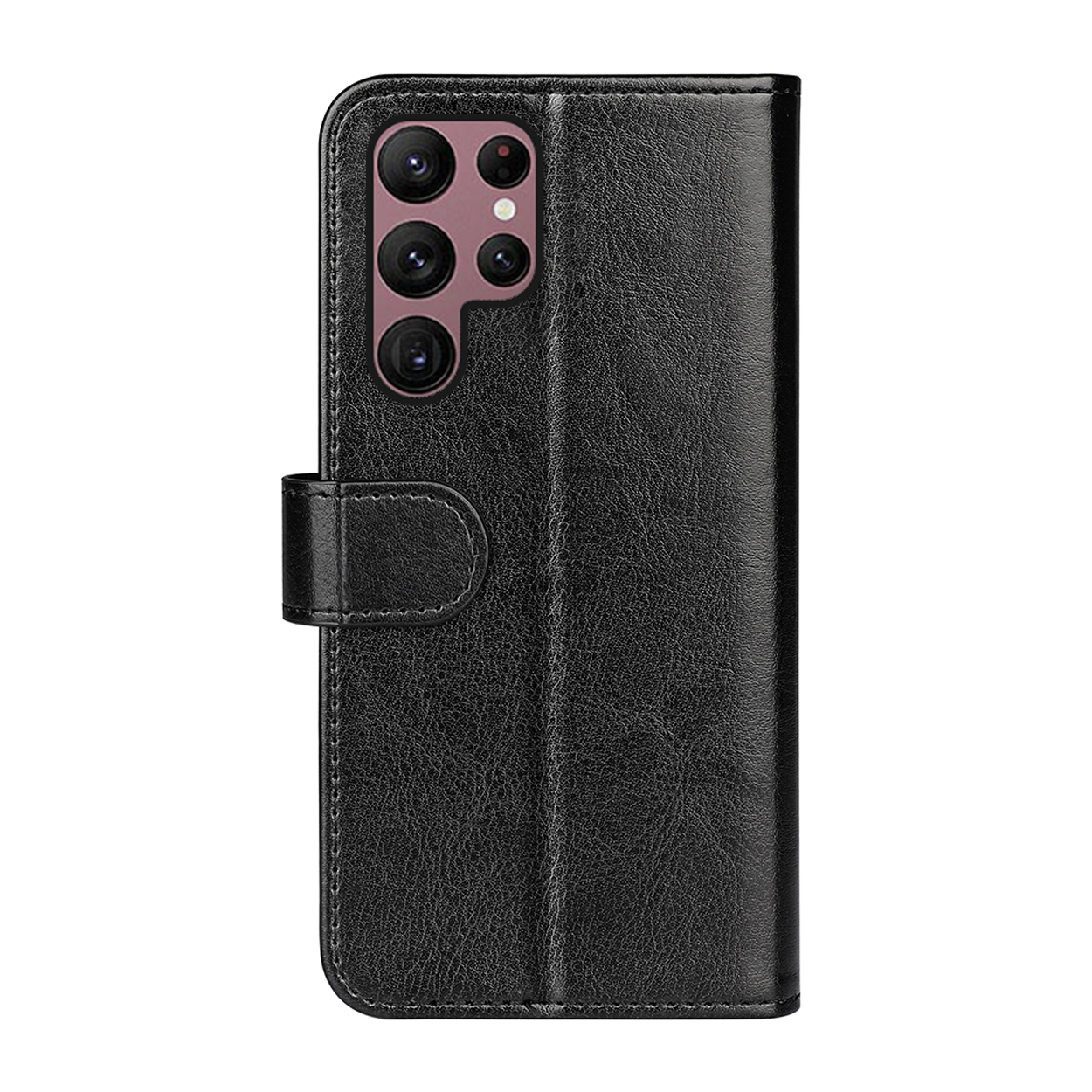Coque de téléphone noire ouverte avec le téléphone dedans. L'étui a une finition en cuir, avec un porte-cartes.
