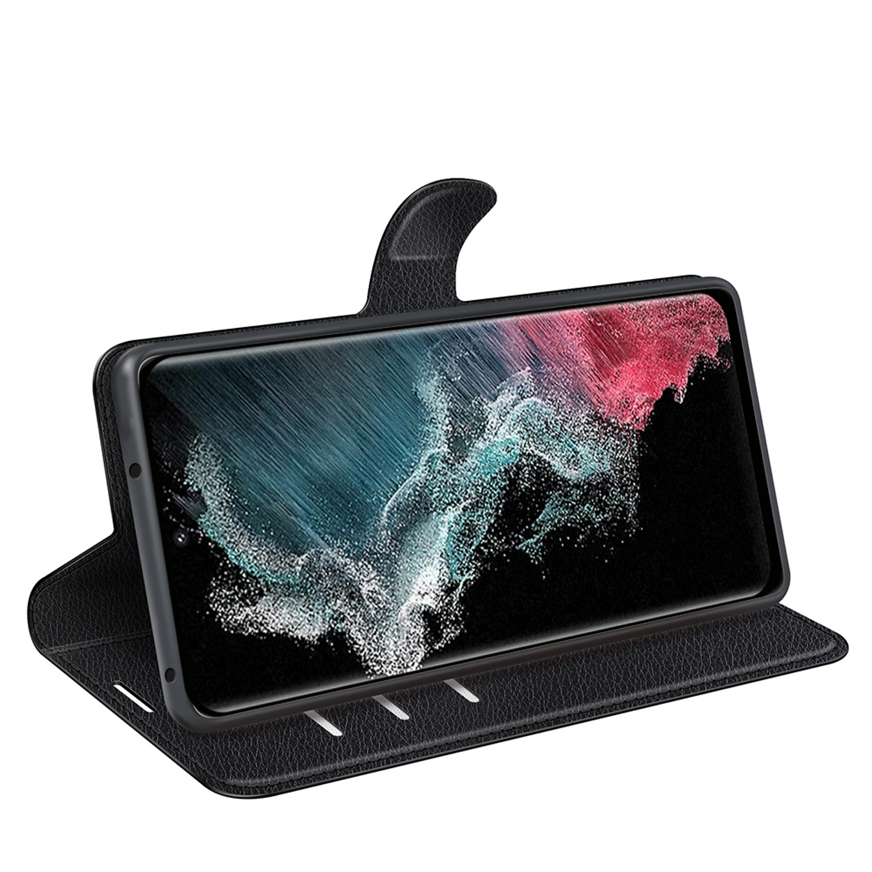 Téléphone noir dans un étui en cuir ouvert. Le téléphone affiche un écran coloré.