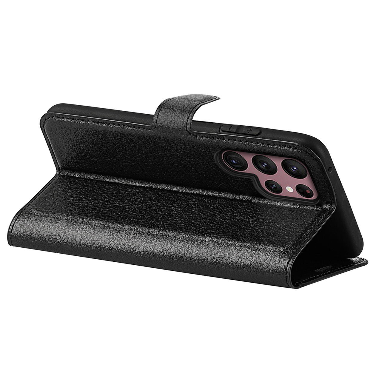 Étui de téléphone en cuir noir, ouvert, montrant le téléphone. Caméras du téléphone visibles.