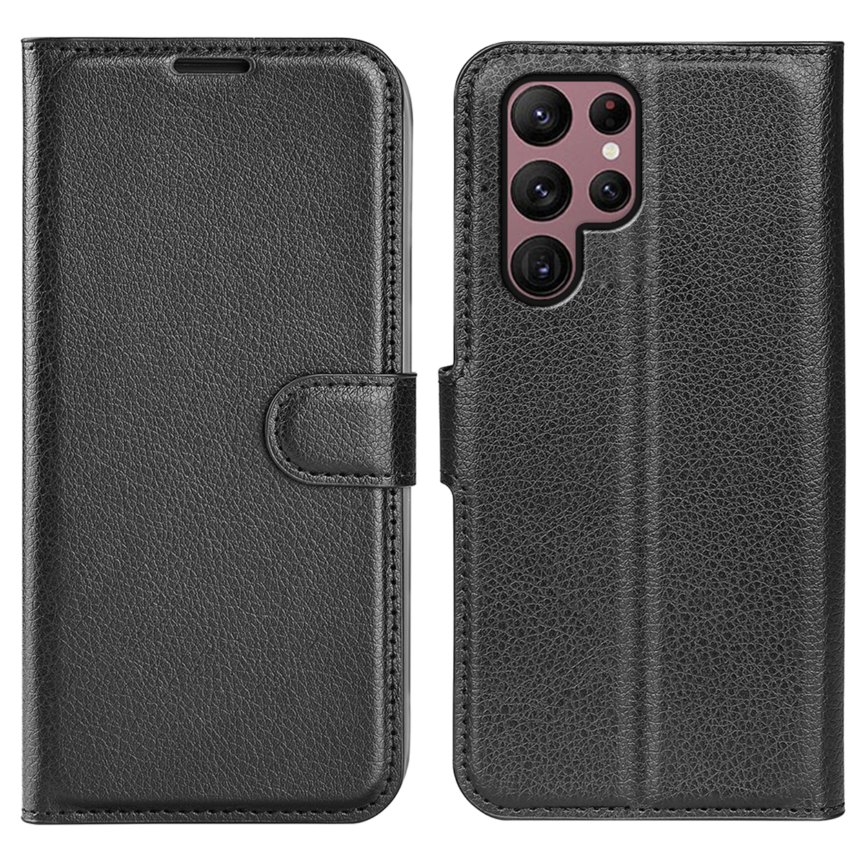 Un étui de téléphone en cuir noir fermé avec une fermeture magnétique, montrant l'arrière du téléphone.