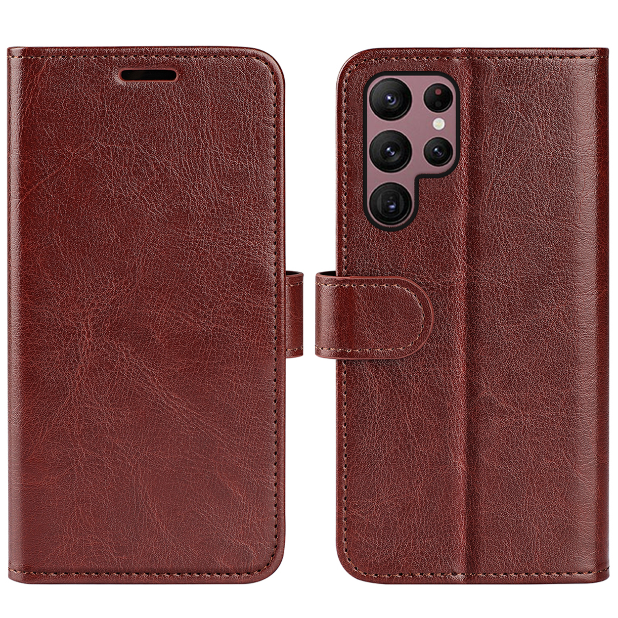 Étui de téléphone en cuir marron, ouvert et fermé. L'étui fermé a un fermoir.
