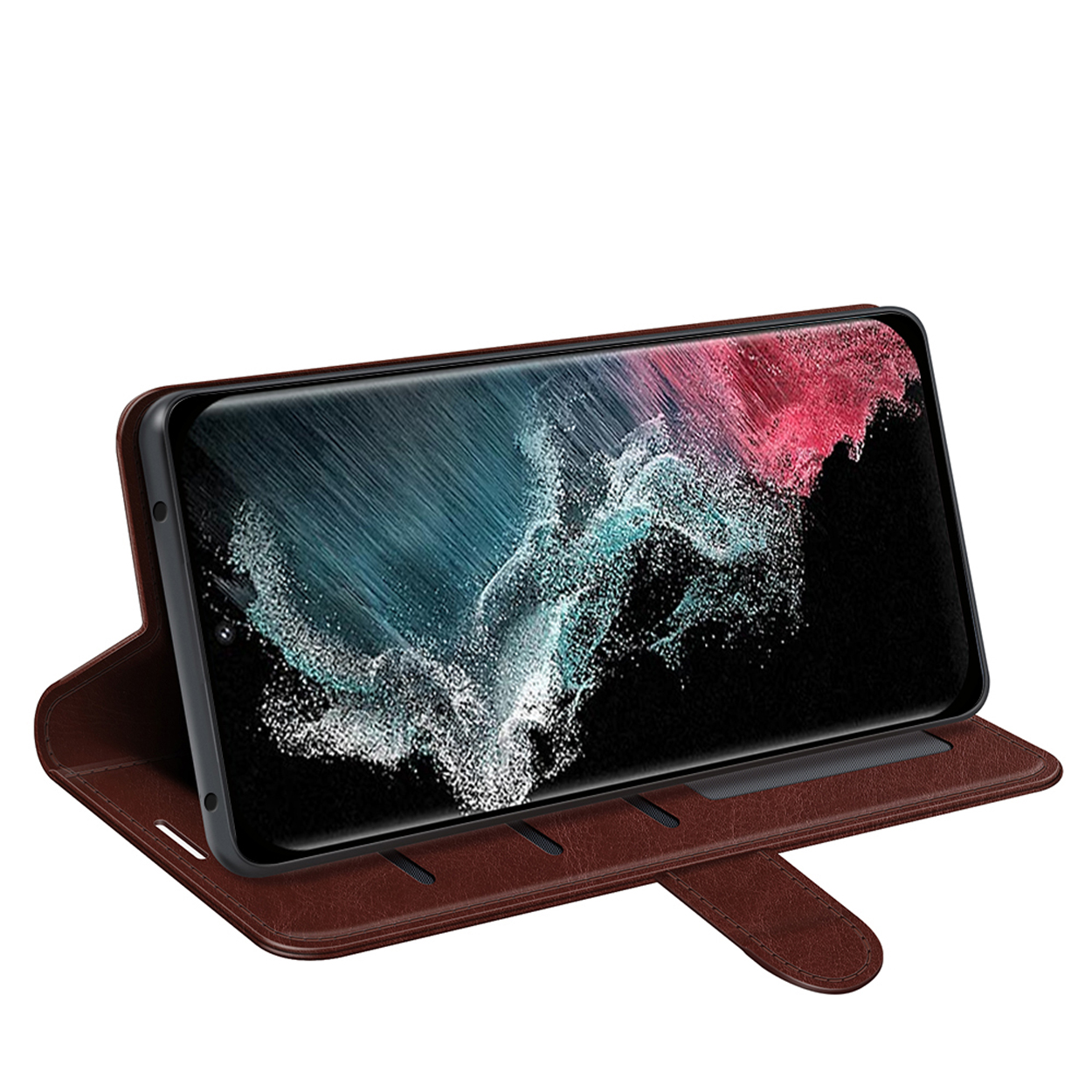 Étui en cuir marron avec un téléphone affichant l'écran. L'étui est ouvert.