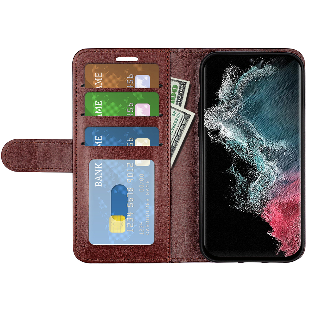 Étui de téléphone ouvert avec cartes et argent liquide. L'écran du téléphone est visible.