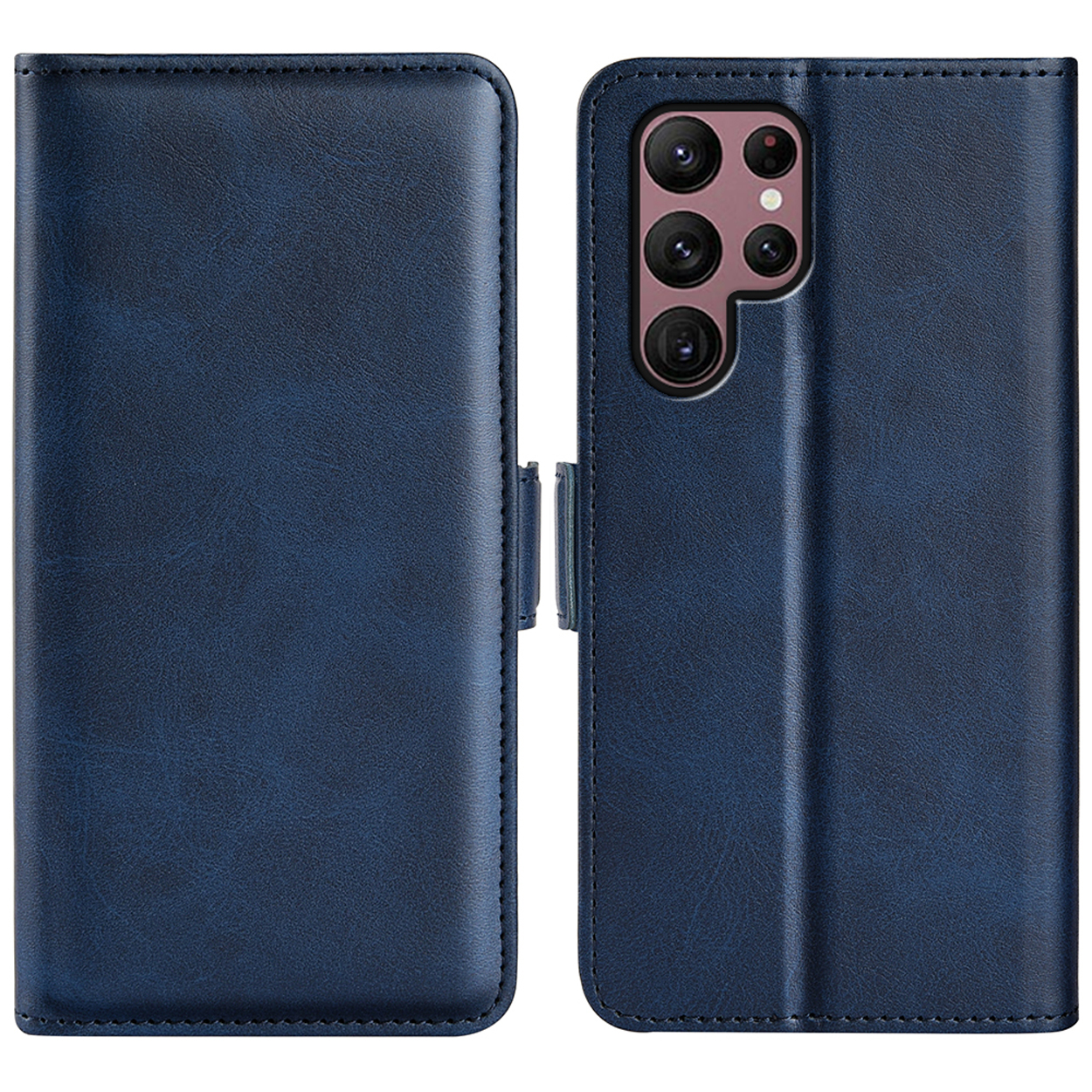 Blauwe lederen telefoonhoes gesloten, toont de achterkant. De telefoon heeft camera.