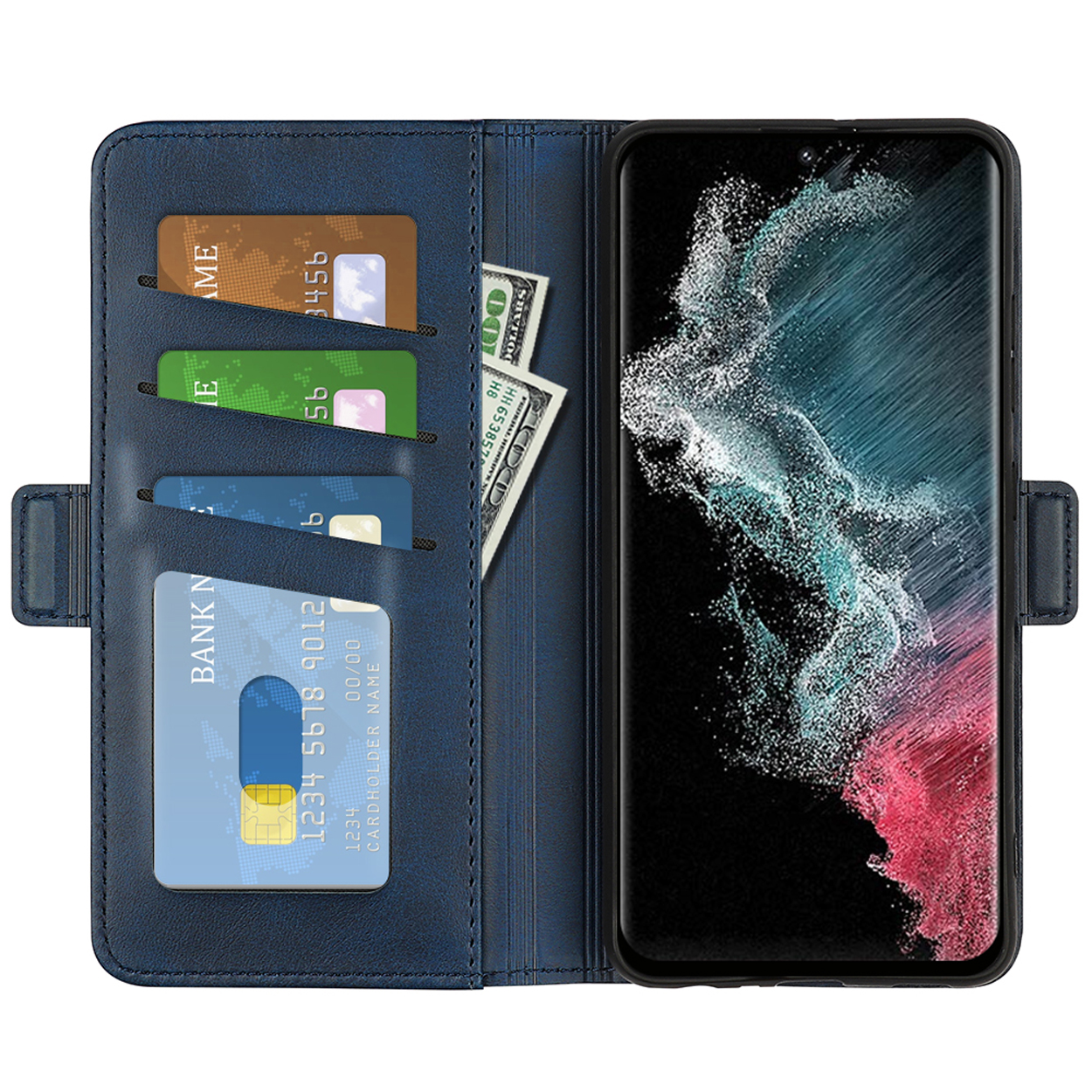 Open blauwe telefoonhoes met kaarten en contant geld erin. De telefoon toont een kleurrijk abstract patroon.