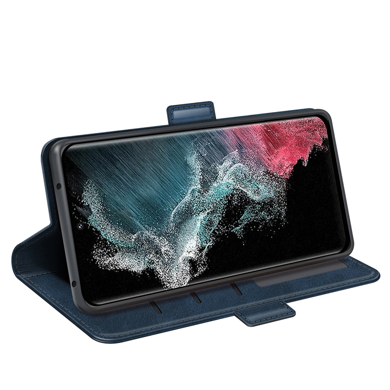 Blauwe leren telefoonhoes met telefoon erin. Scherm toont abstract ontwerp.