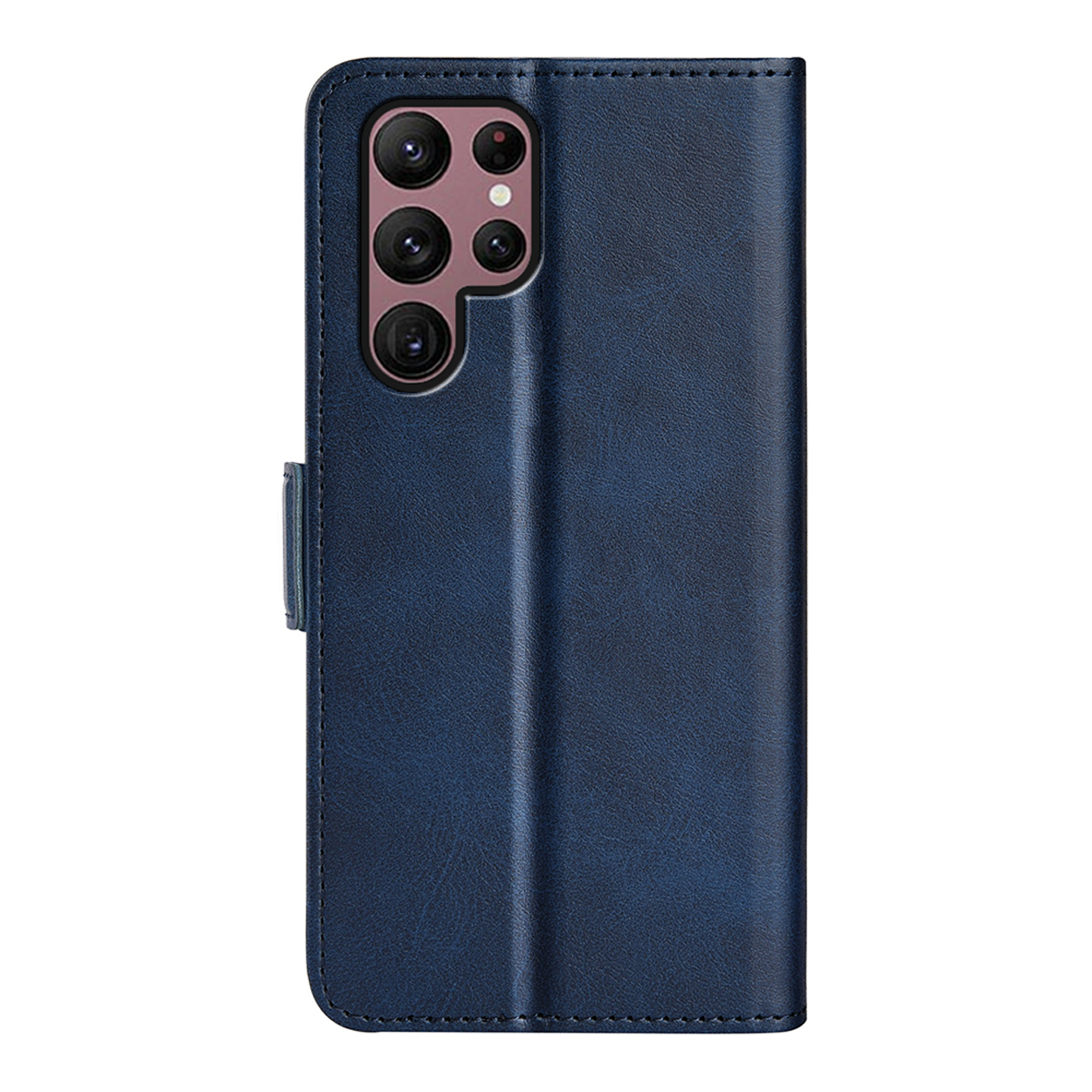 Een roze telefoonhoesje in portemonnee-stijl open met de telefoon erin en kaartsleuven.