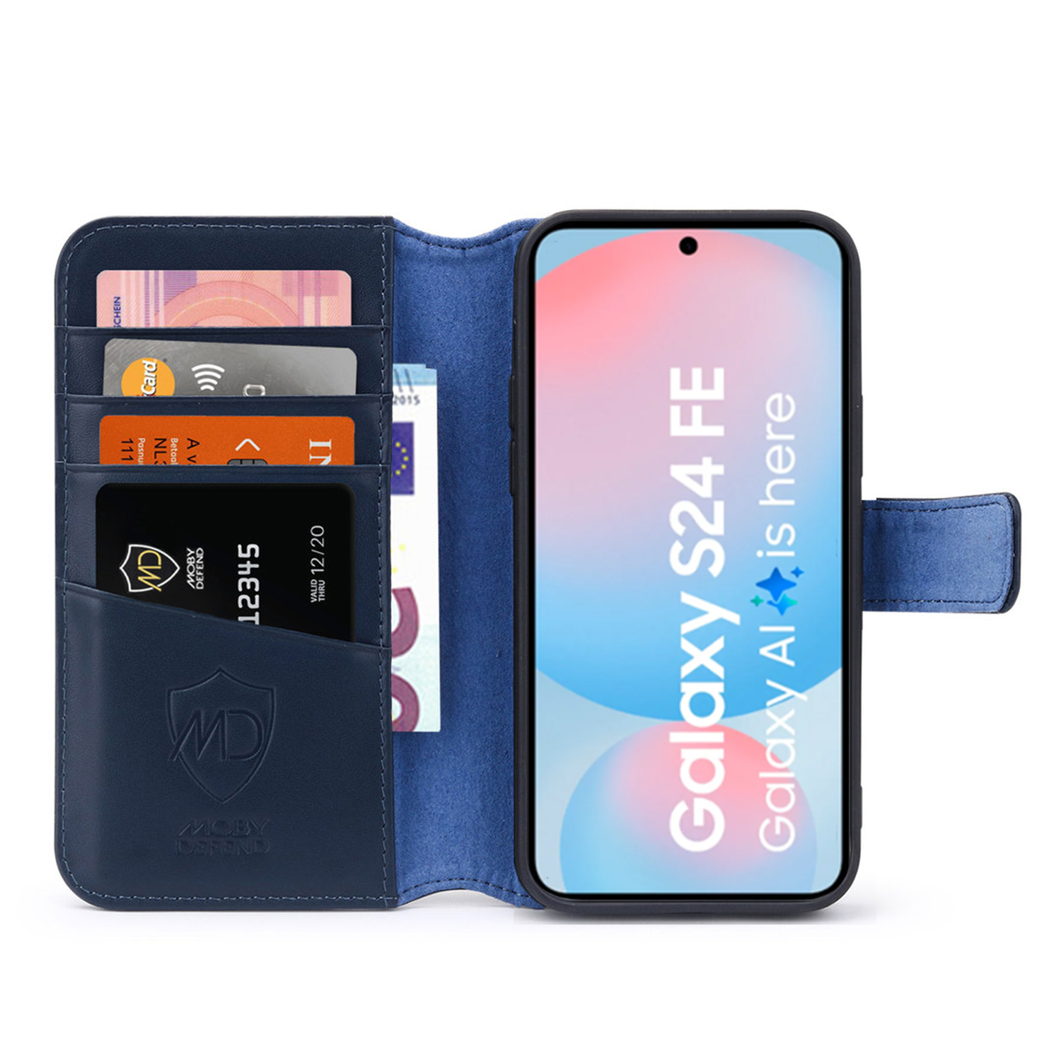 Blauwe telefoonhoes in portemonnee-stijl met kaarten en een telefoon met scherm.