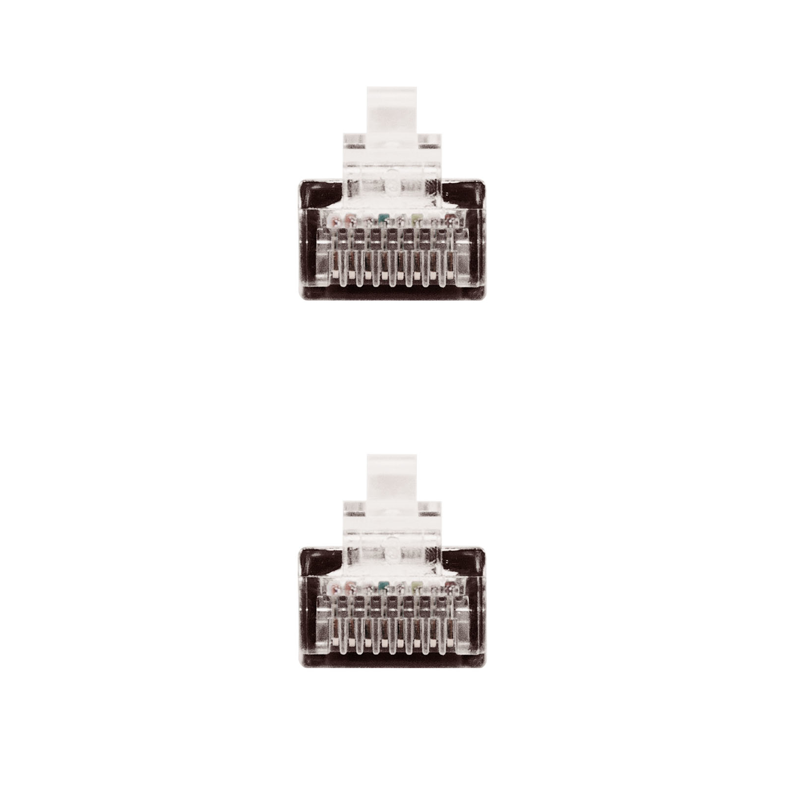 Twee transparante RJ45-connectoren op witte achtergrond.