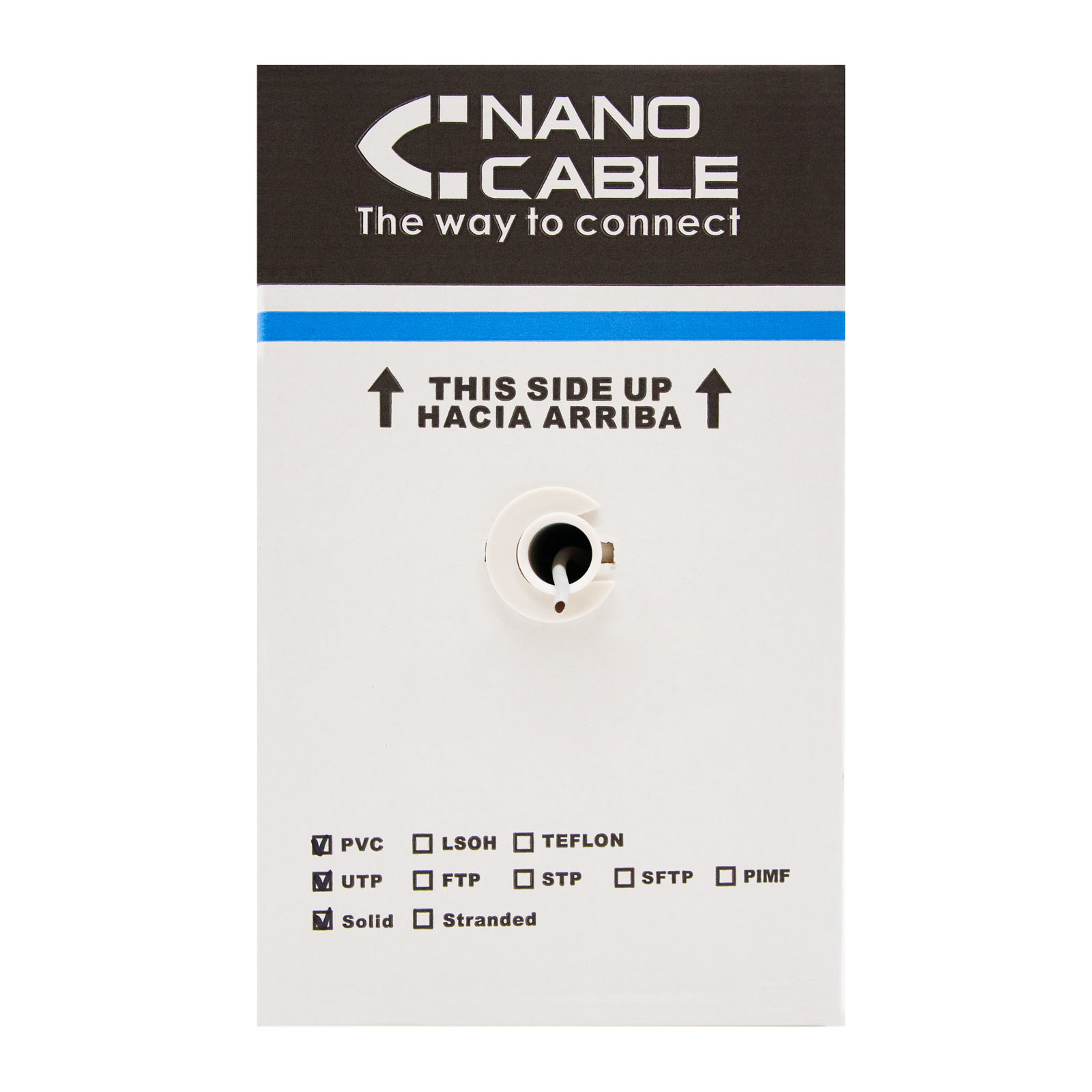 Una caja blanca con un cable, marcada 'Este lado arriba', y varios tipos de cable.