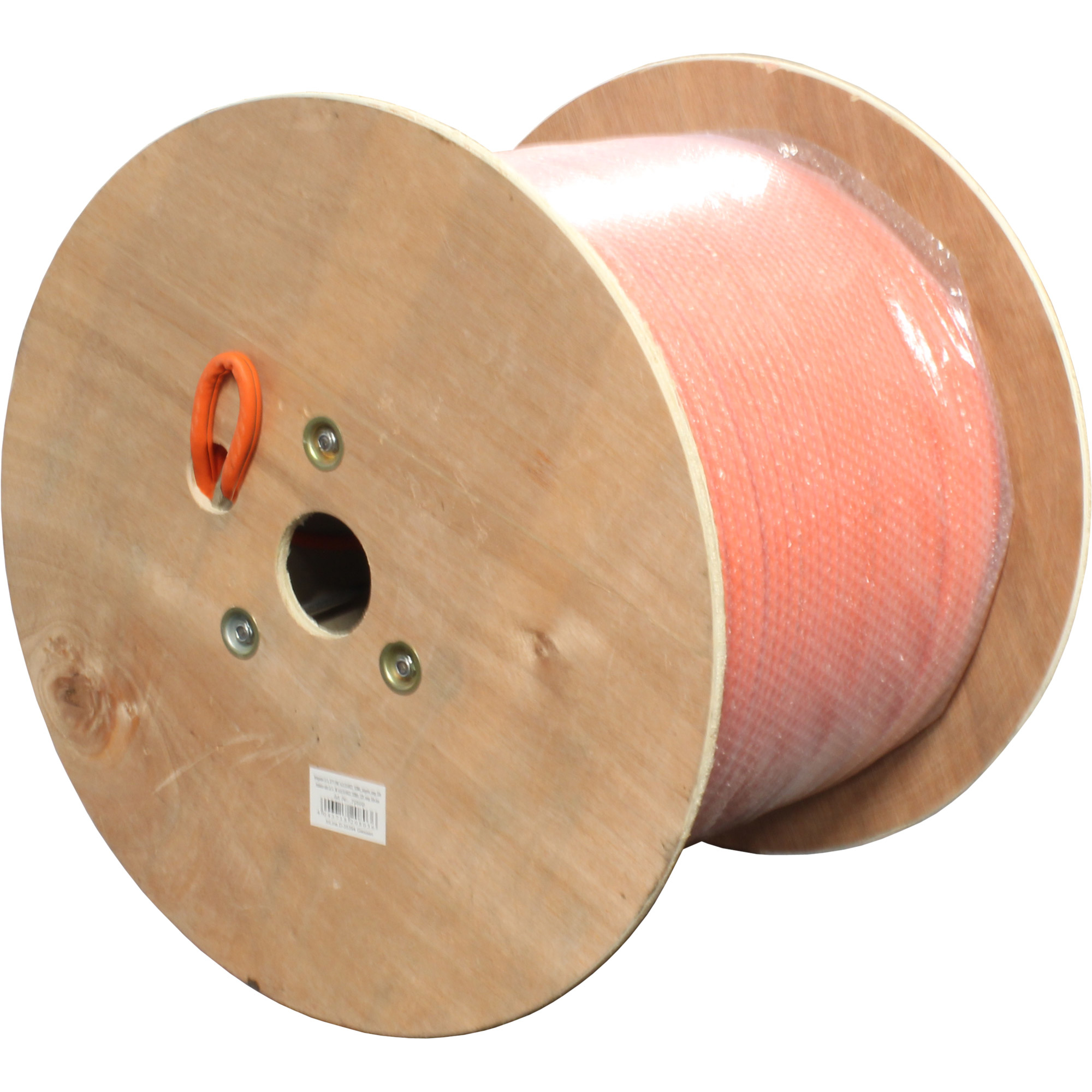 Bobina di cavo in legno con cavo arancione all'interno. La bobina ha un telaio in legno e una maniglia arancione. Sfondo bianco.