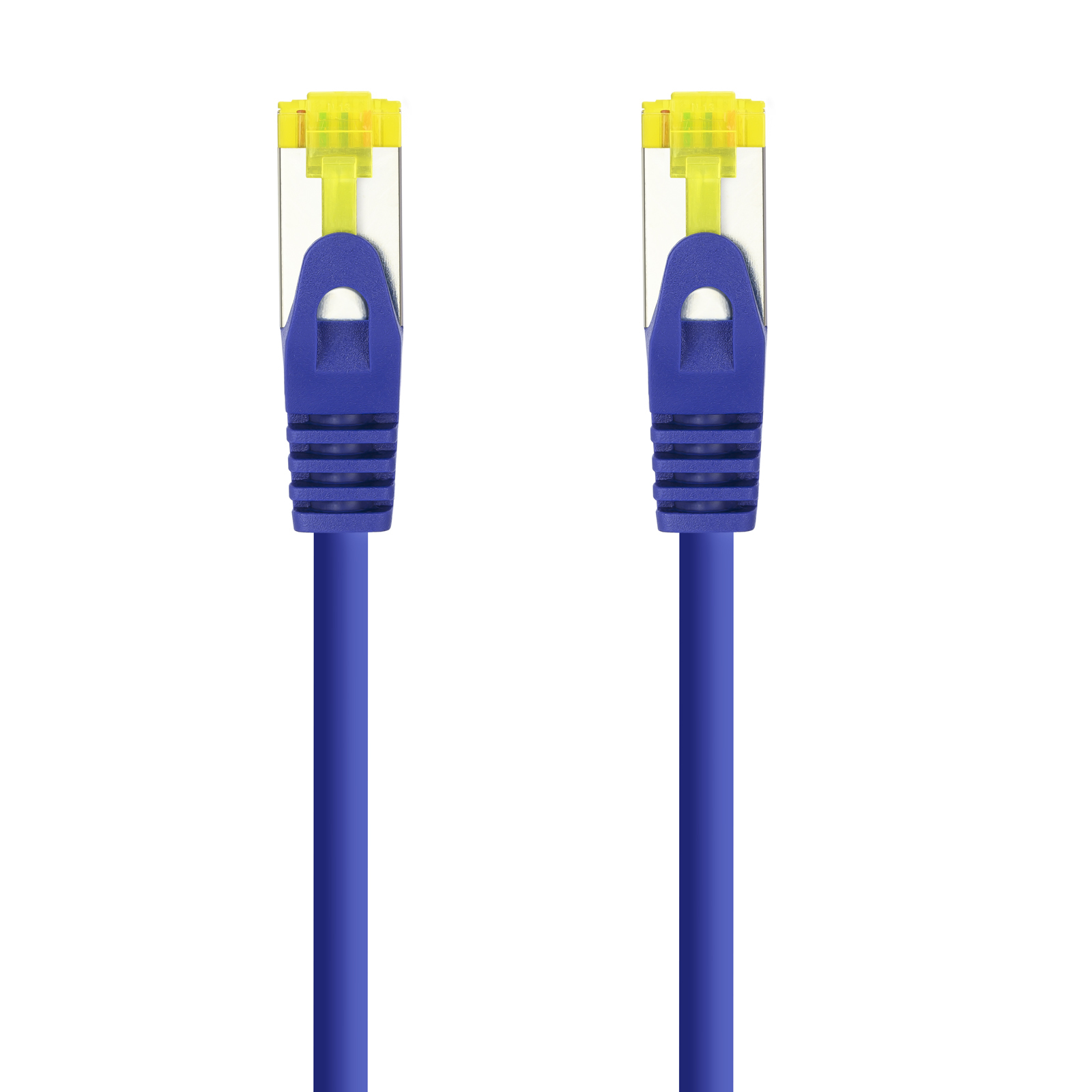 Dwa niebieskie kable ethernet z żółtymi i niebieskimi złączami RJ45 na białym tle.