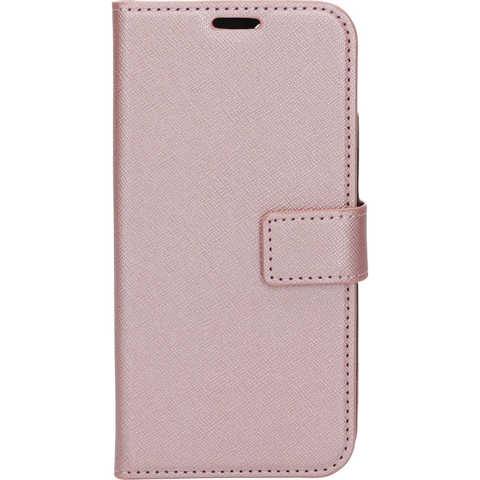 Pink phone case with a flap and a magnetic closure.