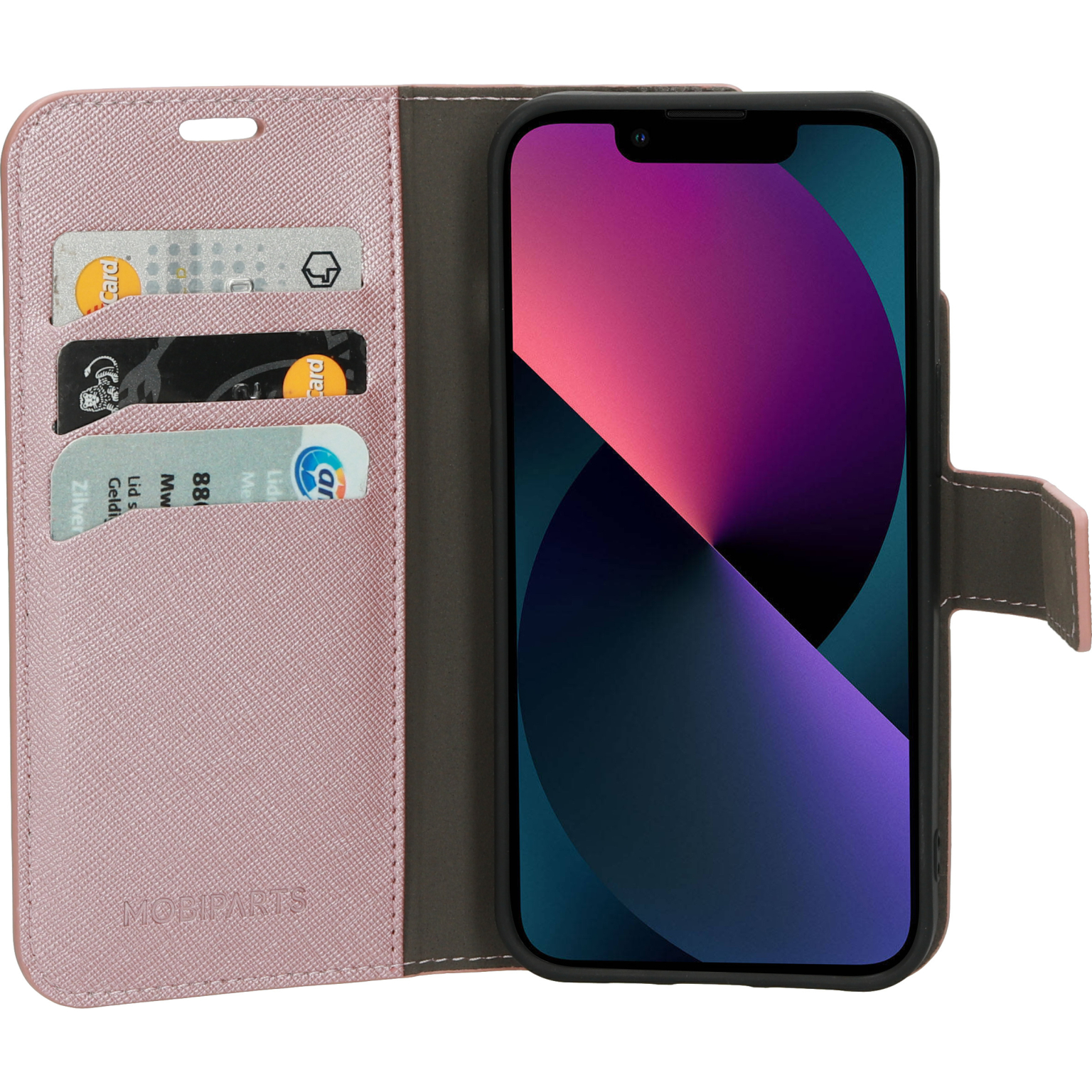 Phone case with cards and phone inside. The case is pink with a dark grey interior.