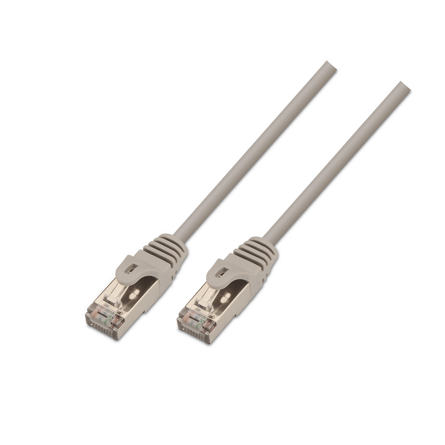 Two gray Ethernet cables. Connectors are silver. White background. Cables are in a diagonal position.