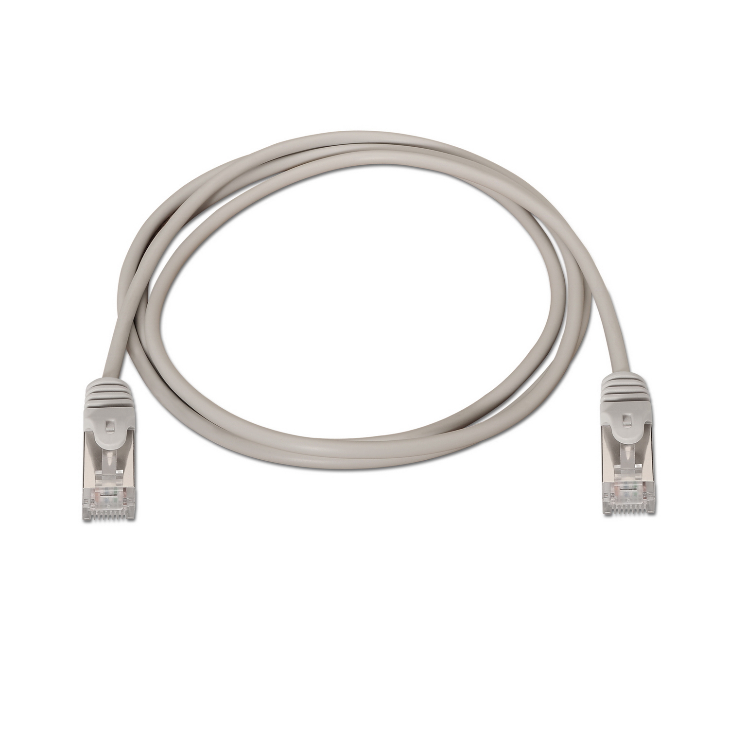 A grey network cable with connectors at each end, lying on a white surface.